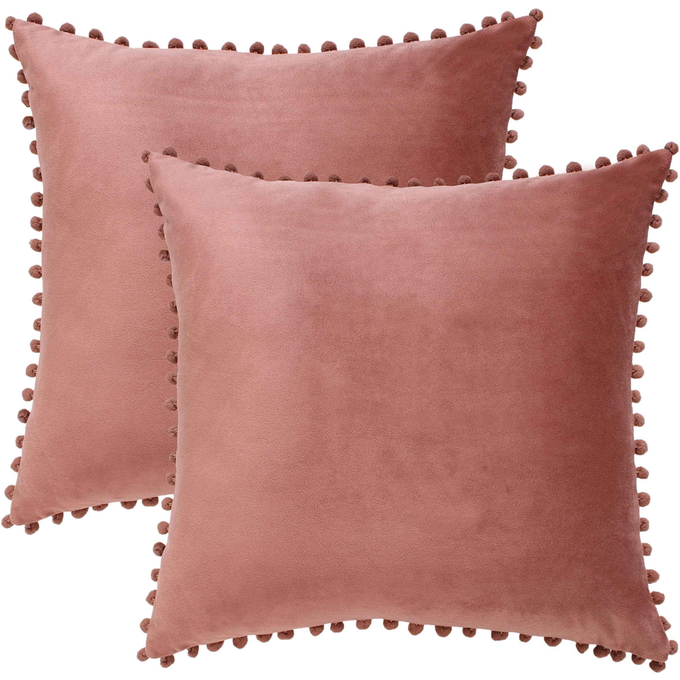 Amazon Brand  Umi Velvet Pompom Cushion Cover 22x22 Inch - Set of 2 Large Square Throw Pillow Covers for Sofa Living Room or Home Decor in Blush Color