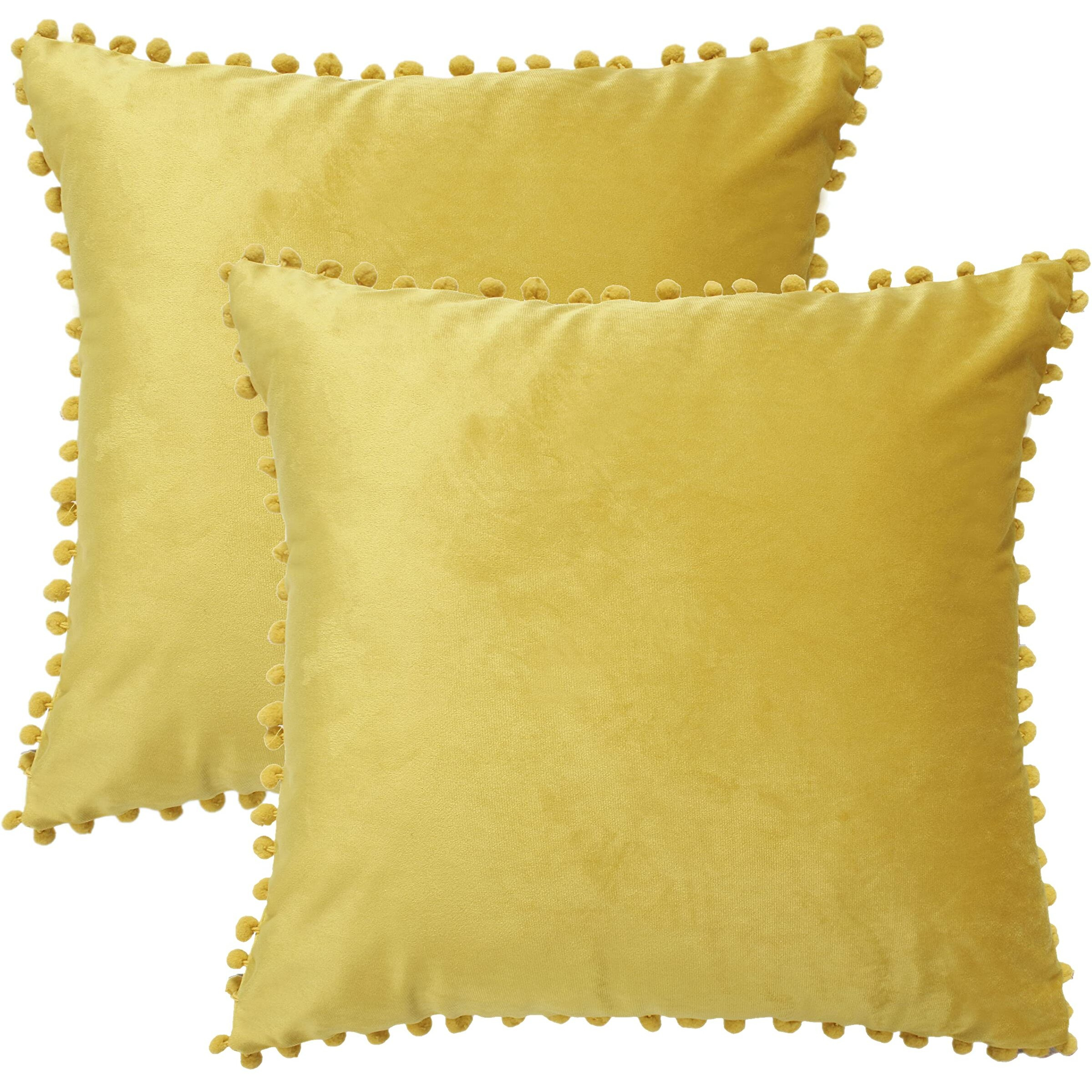 Amazon Brand  Umi Velvet Pompom Cushion Cover 14x14 Inch - Set of 2 Large Square Throw Pillow Covers for Sofa Living Room or Home Decor in Yellow Color