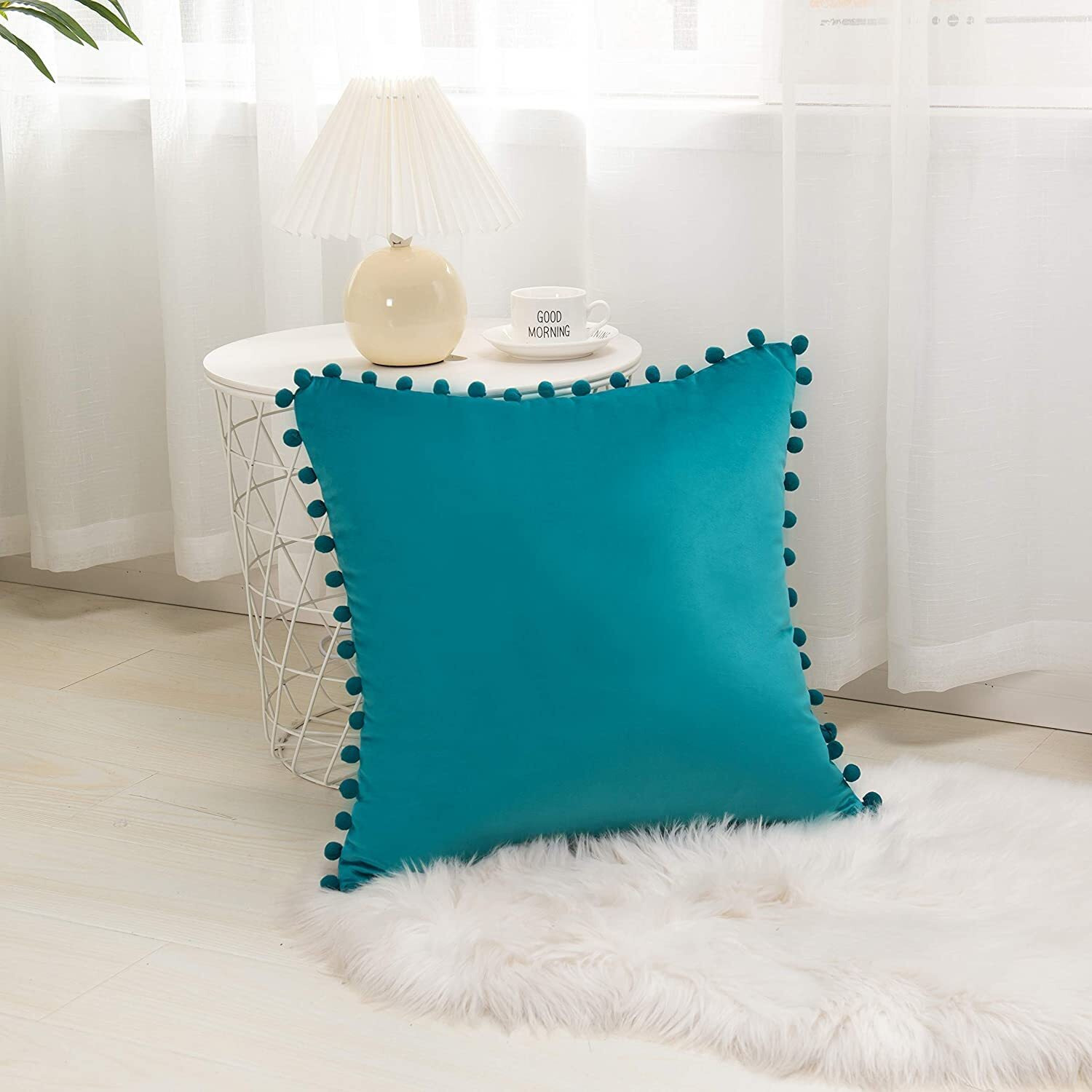 Amazon Brand  Umi Velvet Pompom Cushion Cover 12x12 Inch - Set of 2 Large Square Throw Pillow Covers for Sofa Living Room or Home Decor in Teal Color