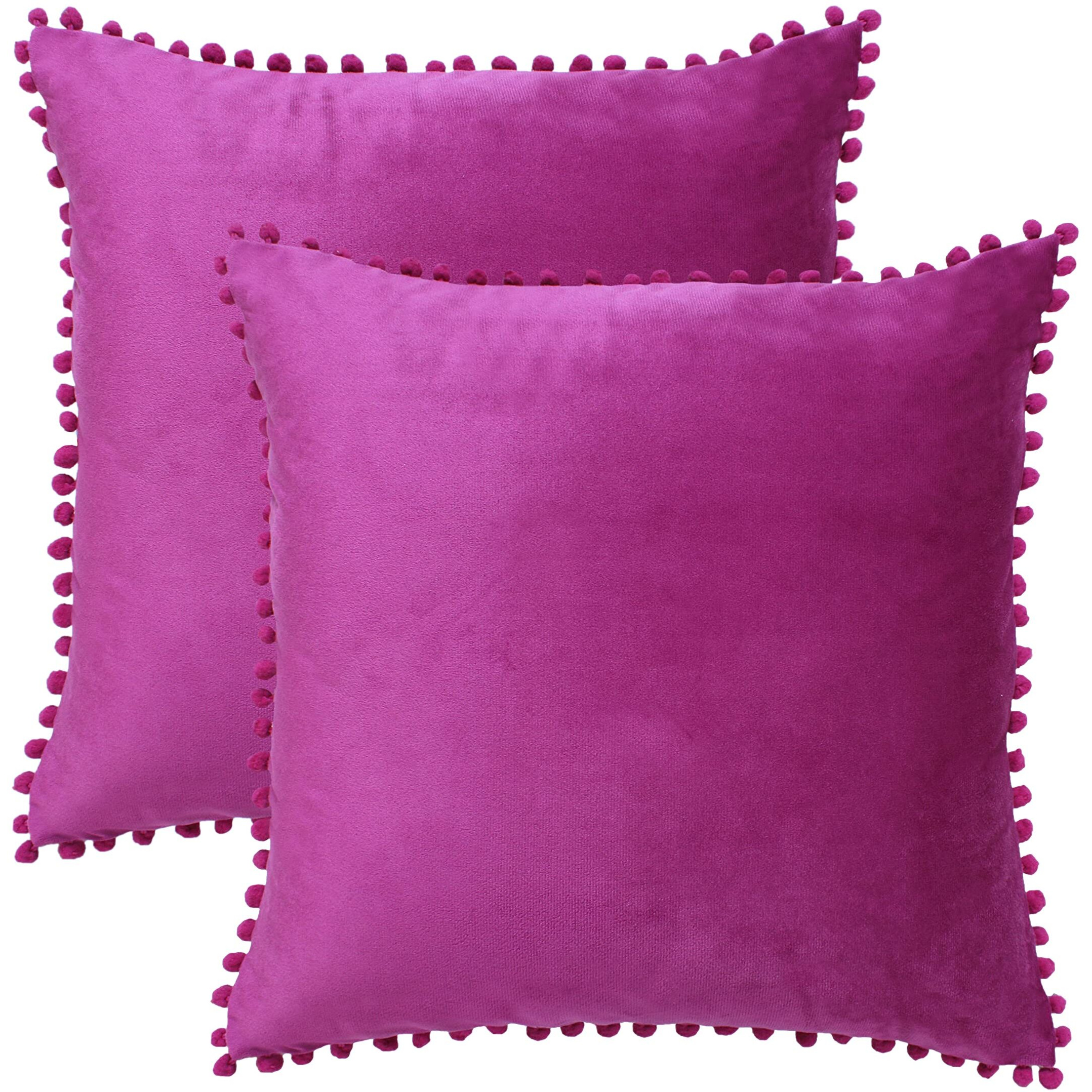 Amazon Brand  Umi Velvet Pompom Cushion Cover 20x20 Inch - Set of 2 Large Square Throw Pillow Covers for Sofa Living Room or Home Decor in Purple Color