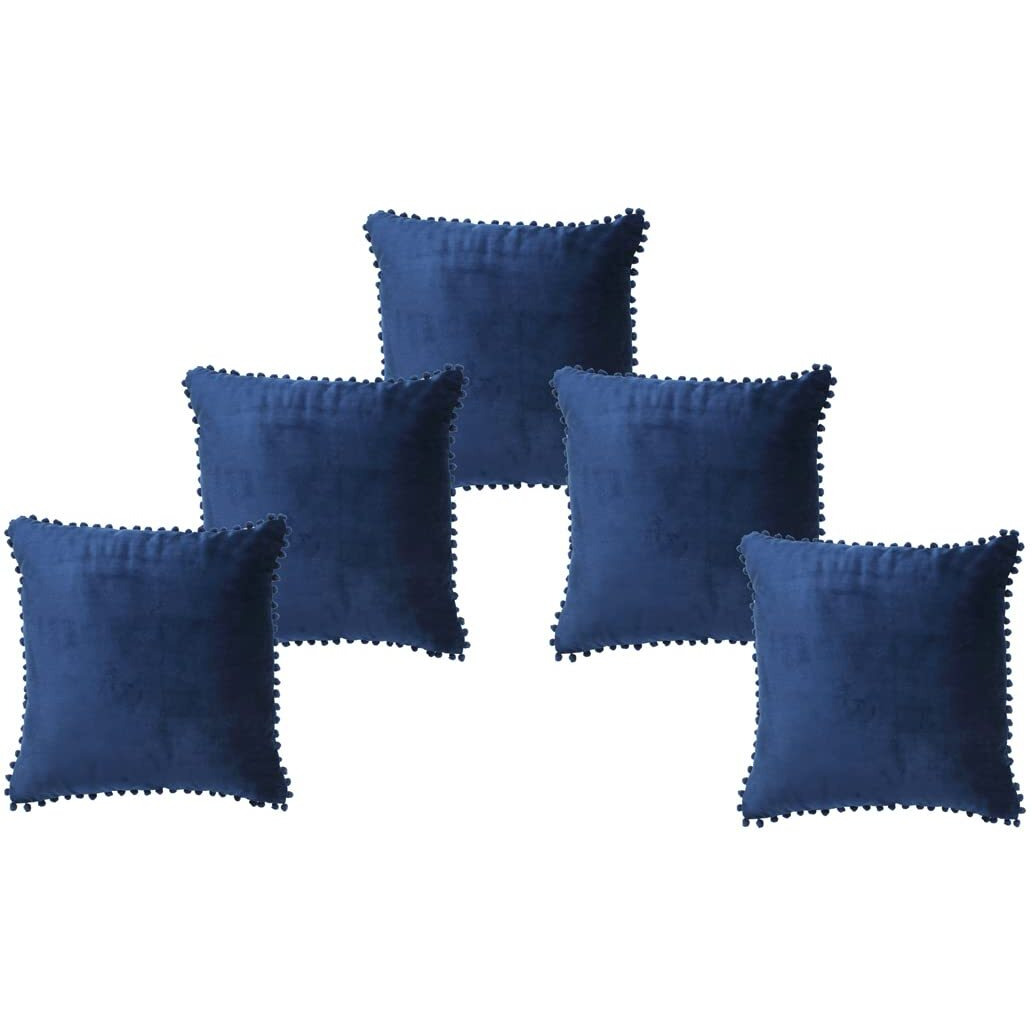 Amazon Brand  Umi Velvet Pompom Cushion Cover 16x16 Inch - Set of 5 Large Square Throw Pillow Covers for Sofa Living Room or Home Decor in Blue Color