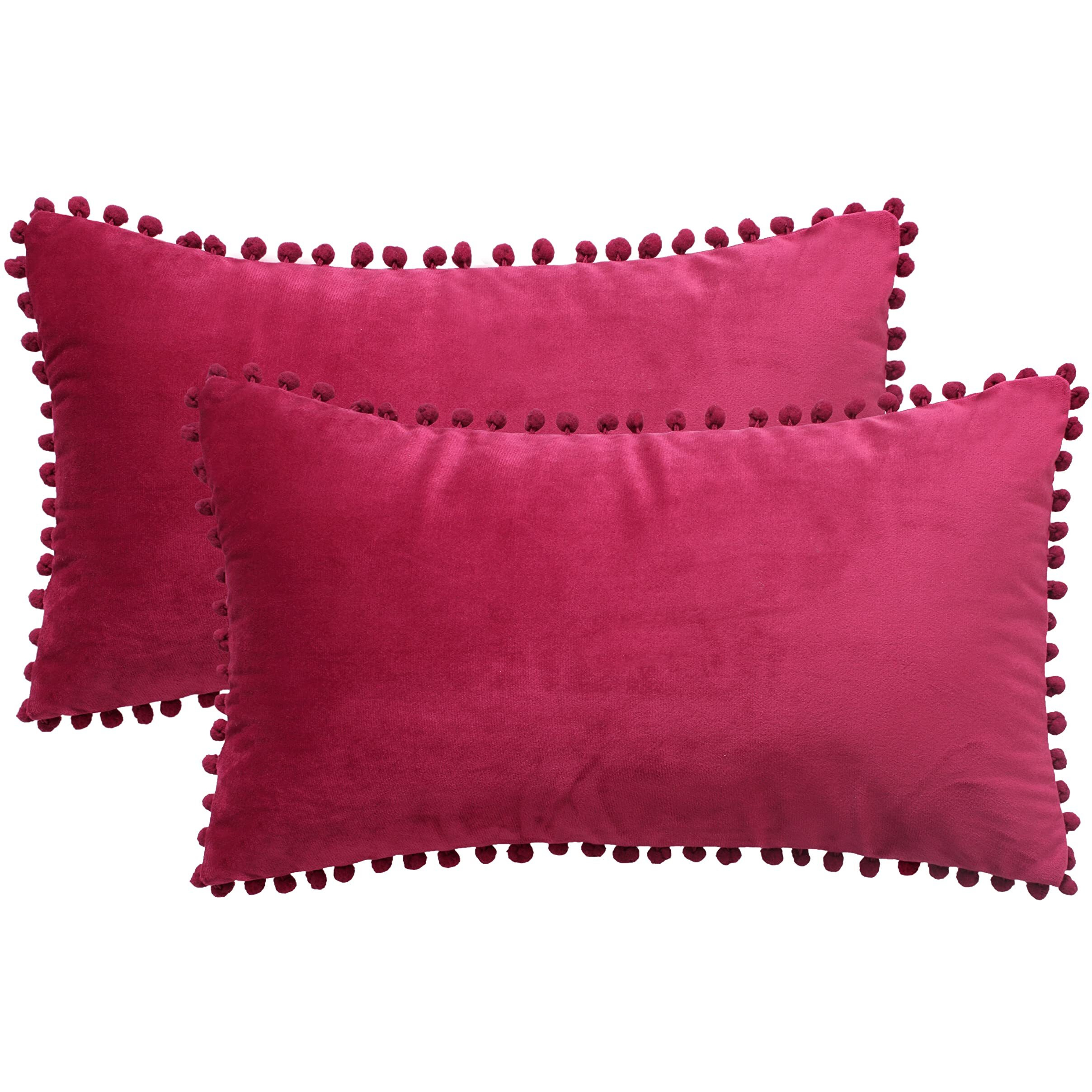 Amazon Brand  Umi Velvet Pompom Cushion Cover 12x20 Inch - Set of 2 Large Square Throw Pillow Covers for Sofa Living Room or Home Decor in Red Color