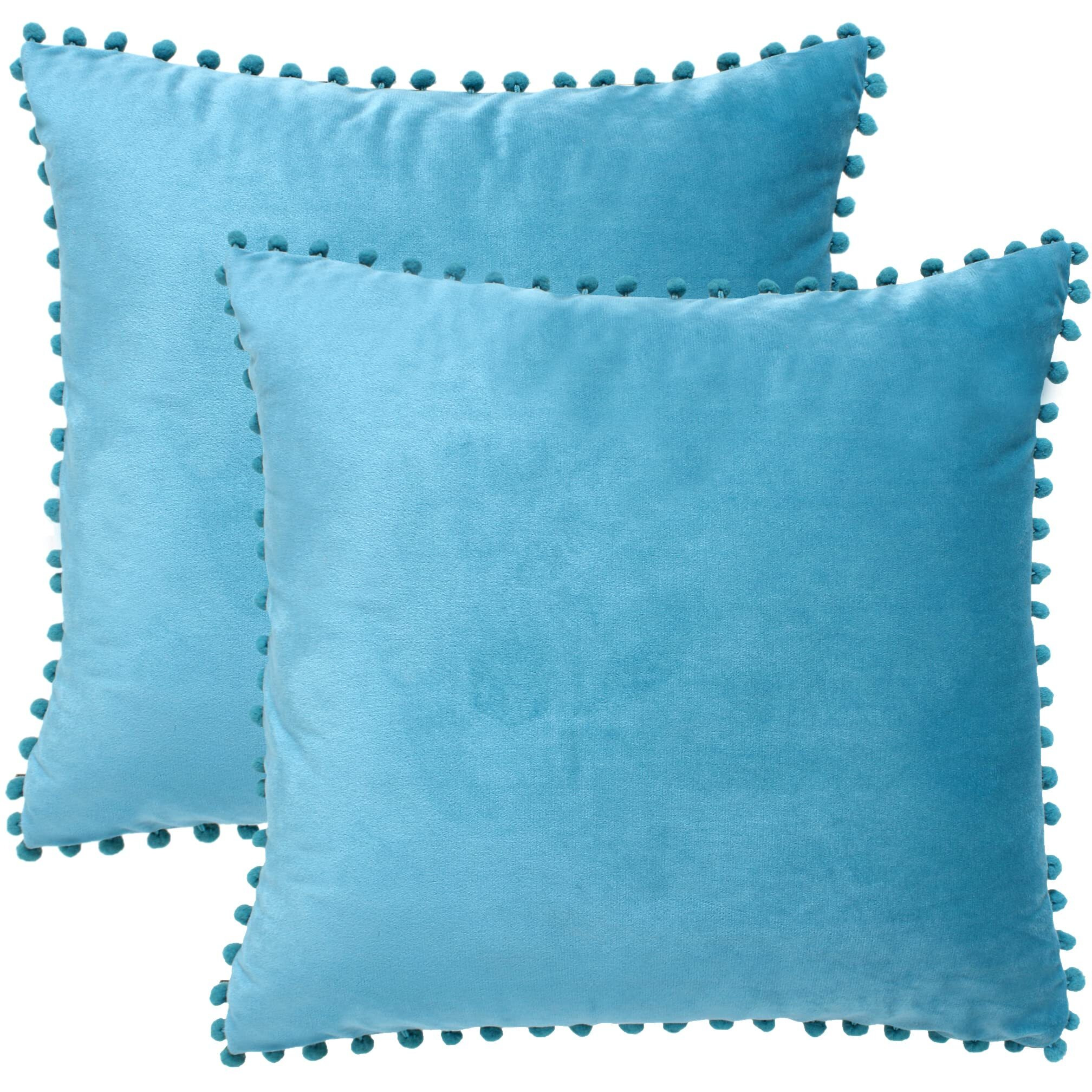 Amazon Brand  Umi Velvet Pompom Cushion Cover 22x22 Inch - Set of 2 Large Square Throw Pillow Covers for Sofa Living Room or Home Decor in Teal Color