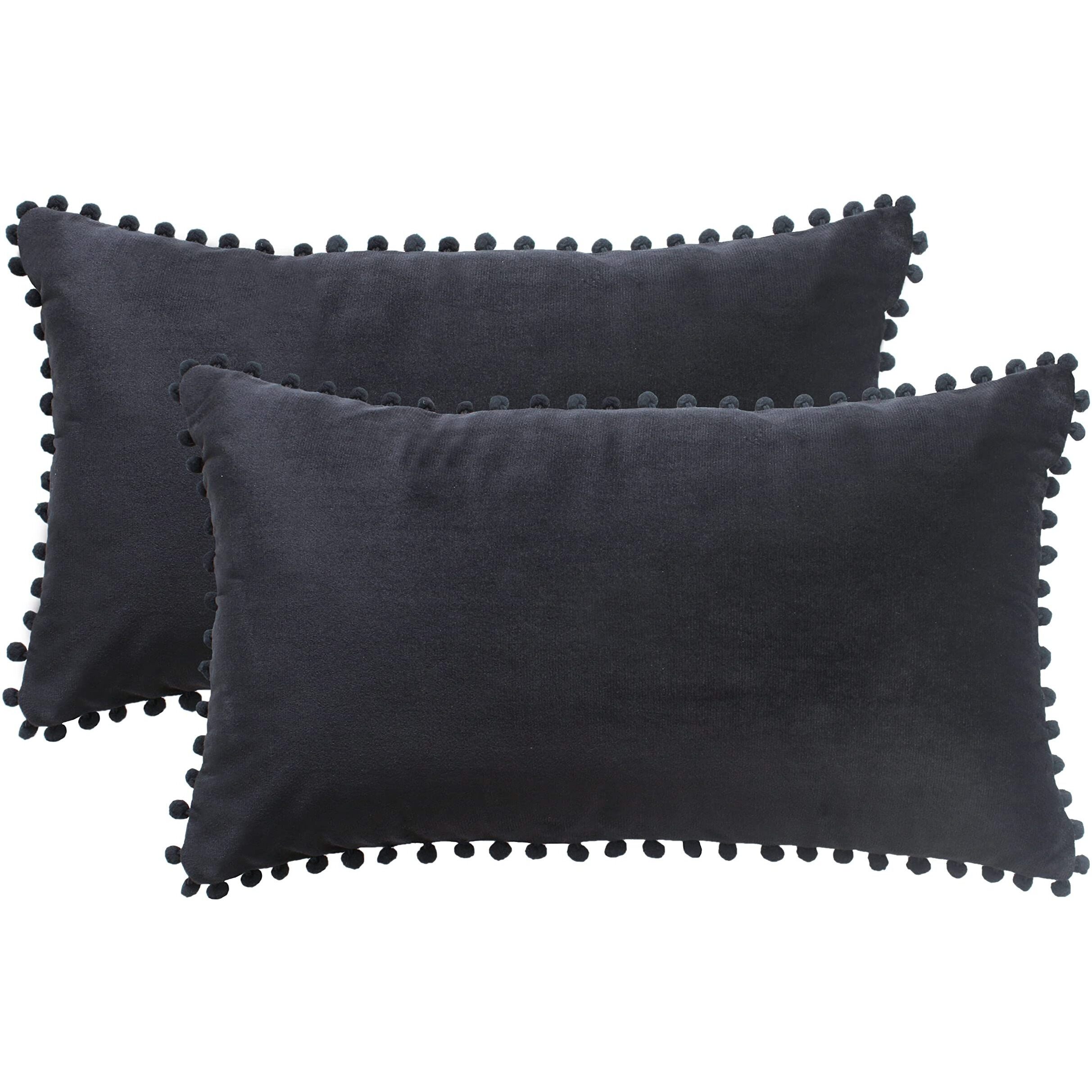 Amazon Brand  Umi Velvet Pompom Cushion Cover 12x20 Inch - Set of 2 Large Square Throw Pillow Covers for Sofa Living Room or Home Decor in Black Color