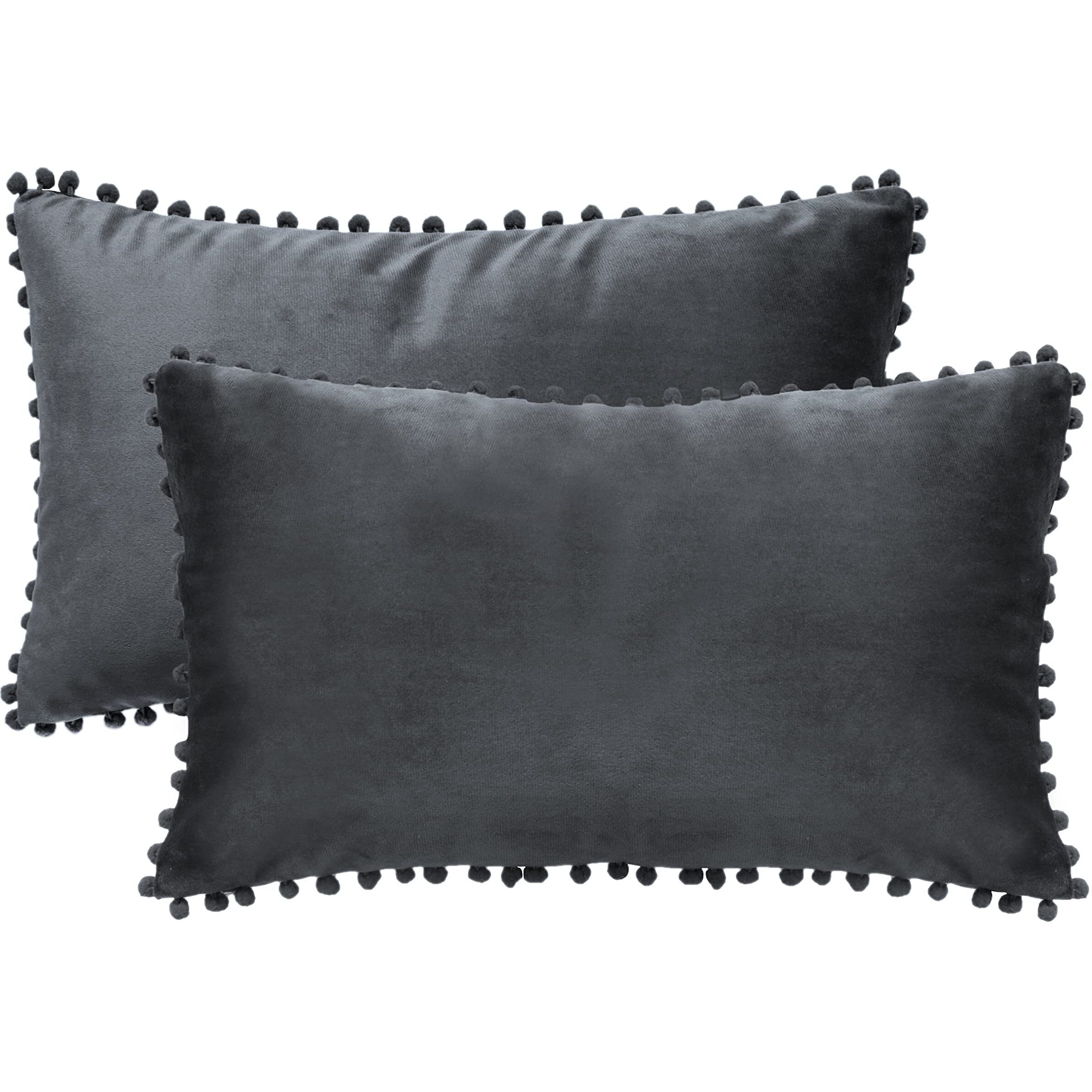 Amazon Brand  Umi Velvet Pompom Cushion Cover 12x20 Inch - Set of 2 Large Square Throw Pillow Covers for Sofa Living Room or Home Decor in Grey Color