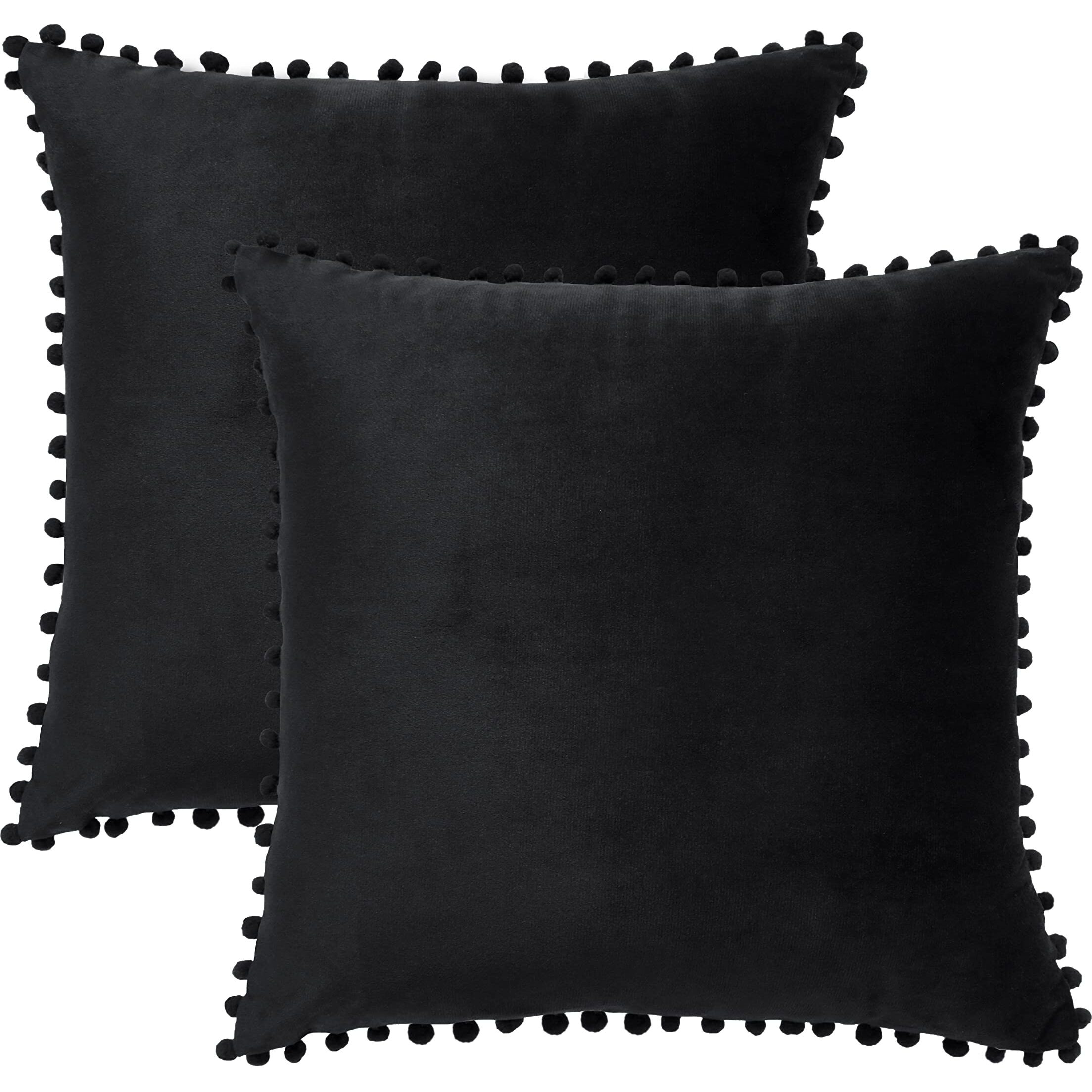 Amazon Brand  Umi Velvet Pompom Cushion Cover 24x24 Inch - Set of 2 Large Square Throw Pillow Covers for Sofa Living Room or Home Decor in Black Color