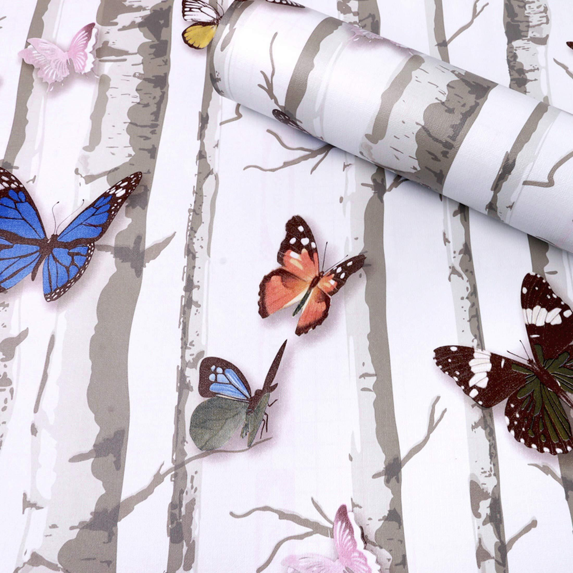 wolpin Wall Stickers 3D Butterfly Wallpaper Stark Tree (45 cm x 10 m) Design Self Adhesive Waterproof Nursery Wardrobe, Wall Decor Nature, White