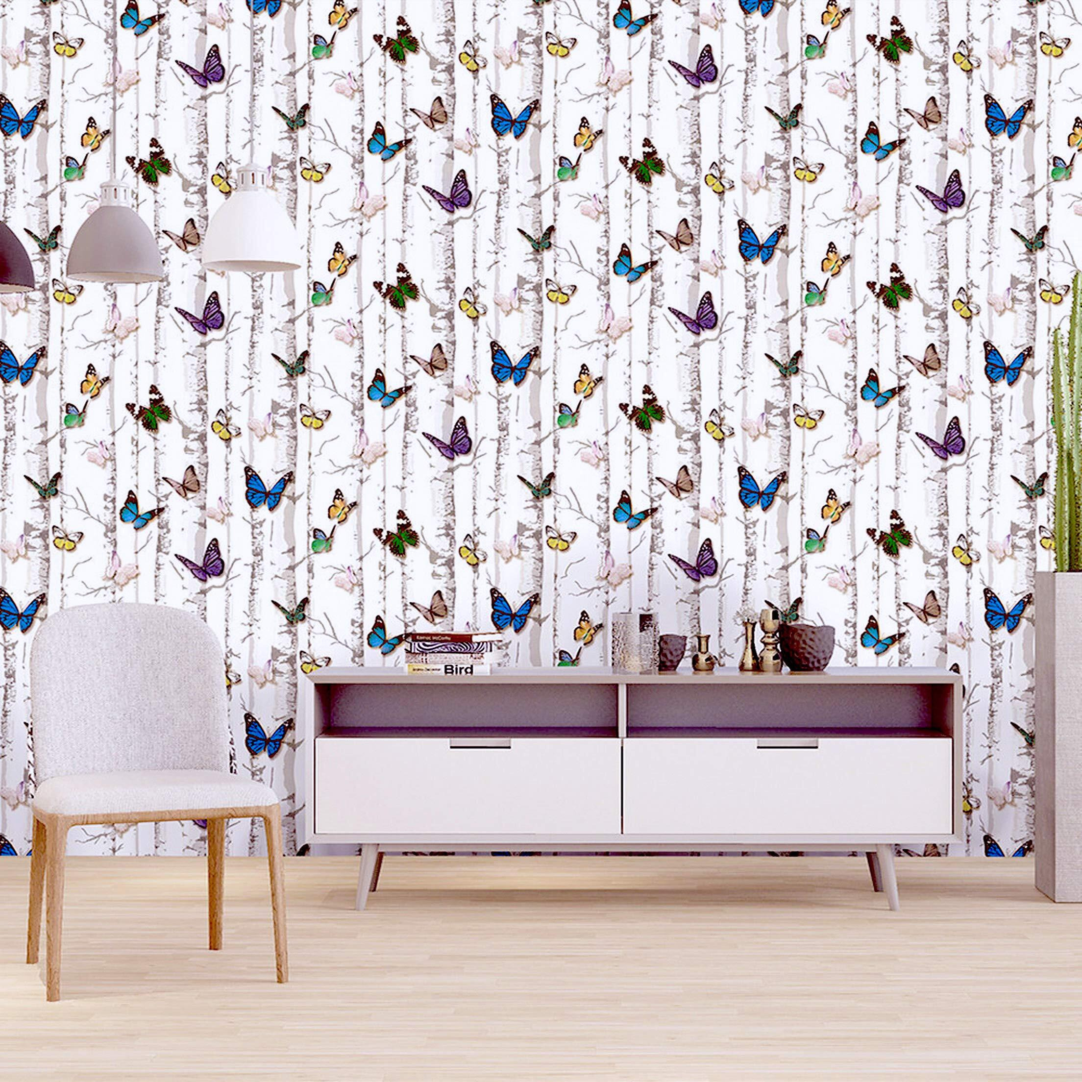 wolpin Wall Stickers 3D Butterfly Wallpaper Stark Tree (45 cm x 10 m) Design Self Adhesive Waterproof Nursery Wardrobe, Wall Decor Nature, White