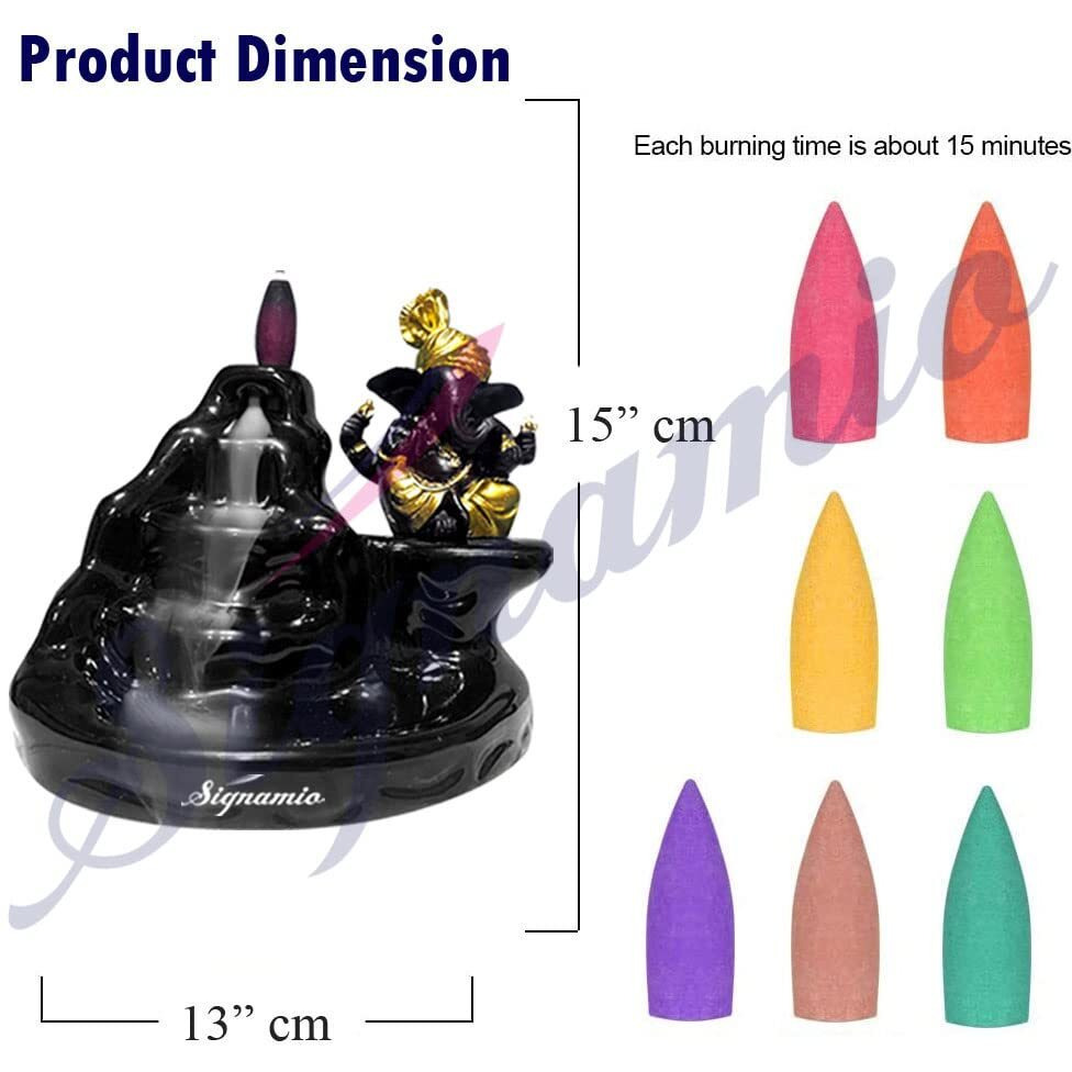 SIGNAMIO Ceramic Back flow Incense Holder Ganesha Incense Burner with 30 Back flow Incense Cones, Aromatherapy Ornament Home Decor-1-Pcs/30 Cones-D-S1213