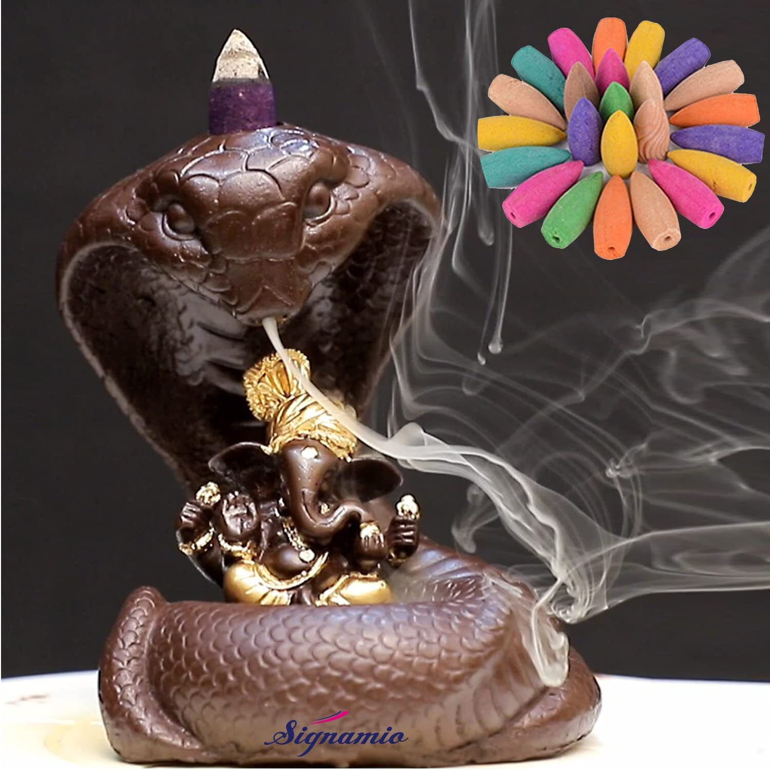 SIGNAMIO Essence of ganesha smoke fountain aromatic fountain lord ganesha idol resin incense holder with 30 Backflow Incense Cones,Aromatherapy,Home Decor-1-Pcs/30 Cones-Nag ganesha