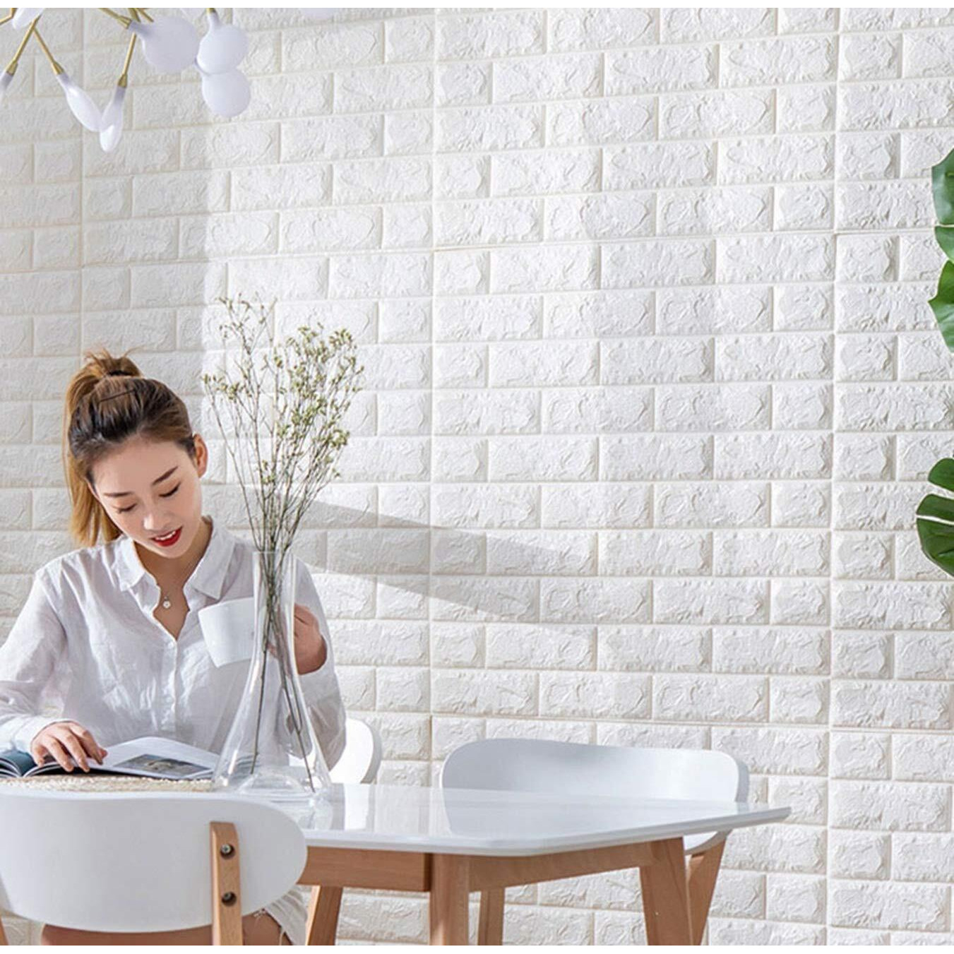 Lukzer 6PC Self-Adhesive 3D PE Foam Brick Waterproof Wallpaper Wall Sticker Peel and Stick / 3D Design Effect for Home Restaurant Room Decor (Thickness 8MM, White, 70 x 77 cm)