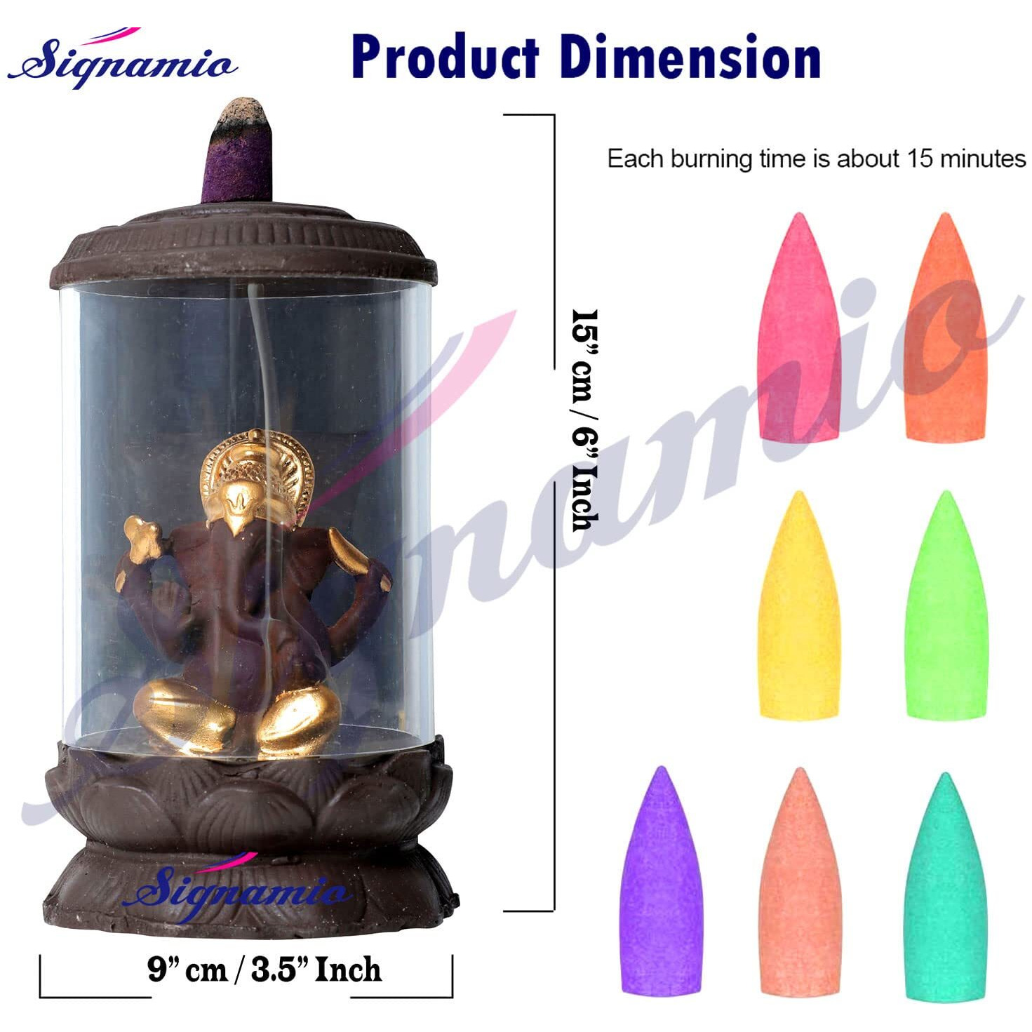 SIGNAMIO Resin Back Flow Incense Holder Glass Ganesha Incense Burner with 30 Back Flow Incense Cones-for Pooja,Meditation,Prayer,Aromatherapy Ornament Home Decor-1-Pcs/30 Cones-D-302