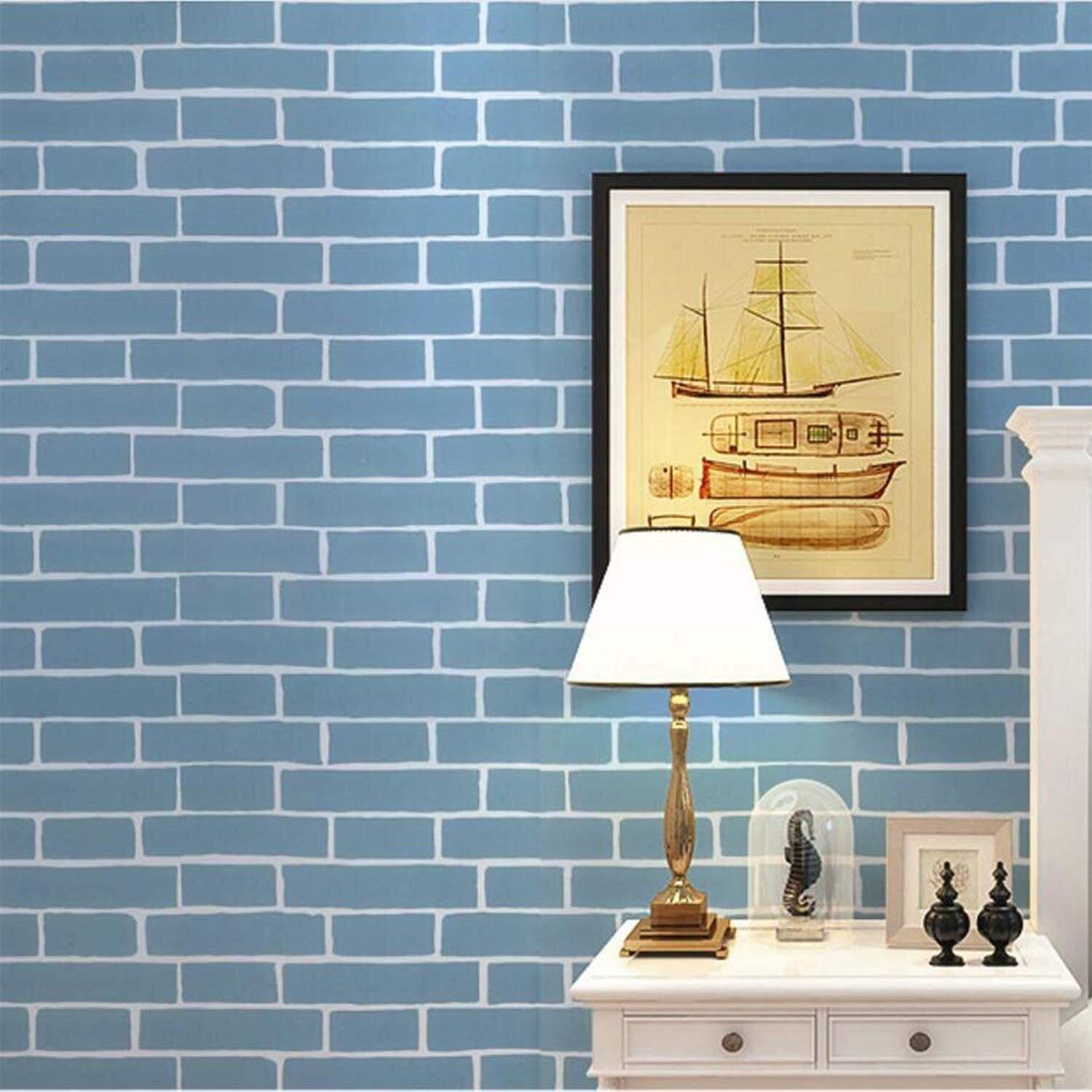 wolpin Wall Stickers Wallpaper Kids Room (45 x 500 cm) Study Table Decor Bricks DIY Self Adhesive PVC, Blue