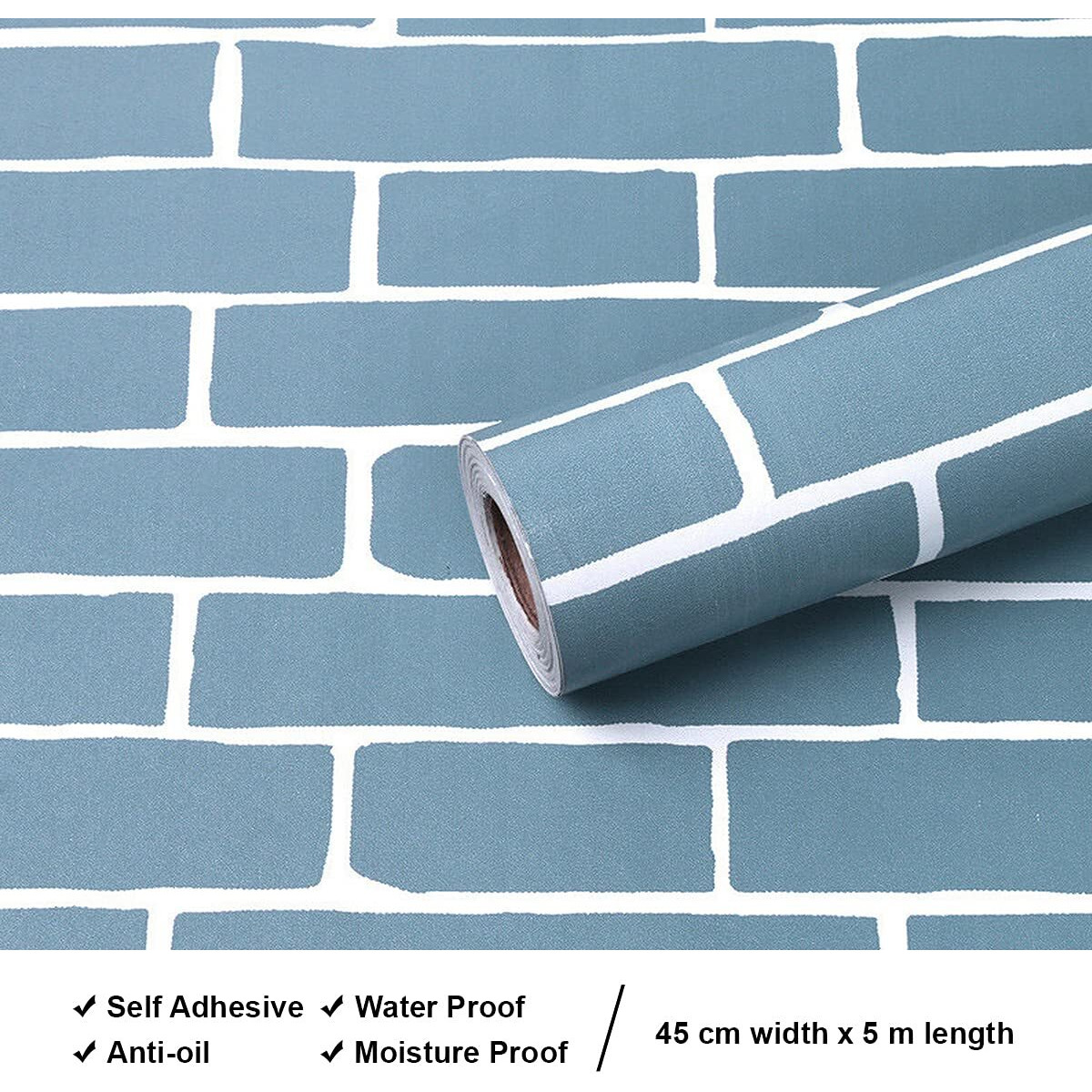 wolpin Wall Stickers Wallpaper Kids Room (45 x 500 cm) Study Table Decor Bricks DIY Self Adhesive PVC, Blue