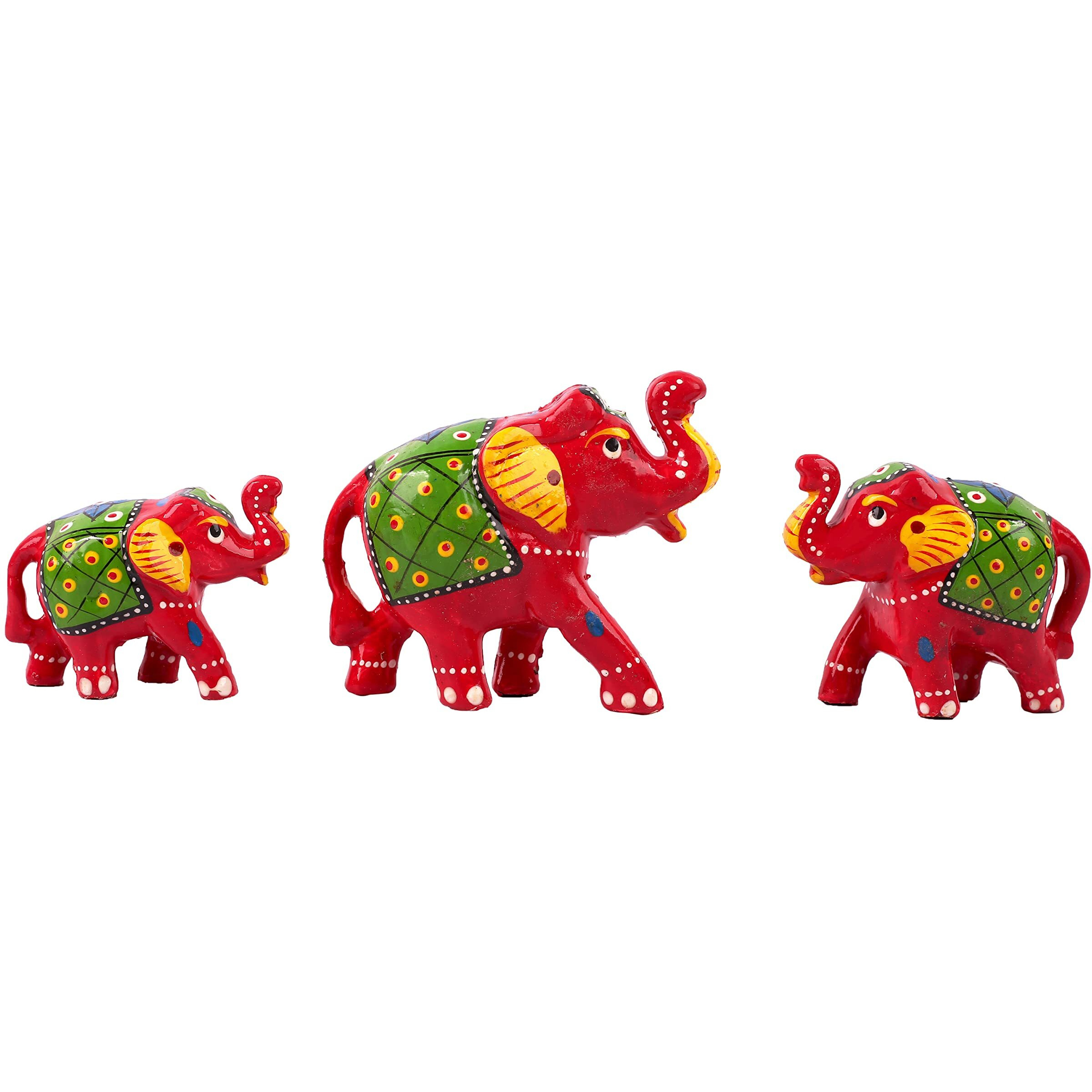 DreamKraft Paper Mache Elephant Showpiece for Enhance Home Decor - Red (Set of 3)