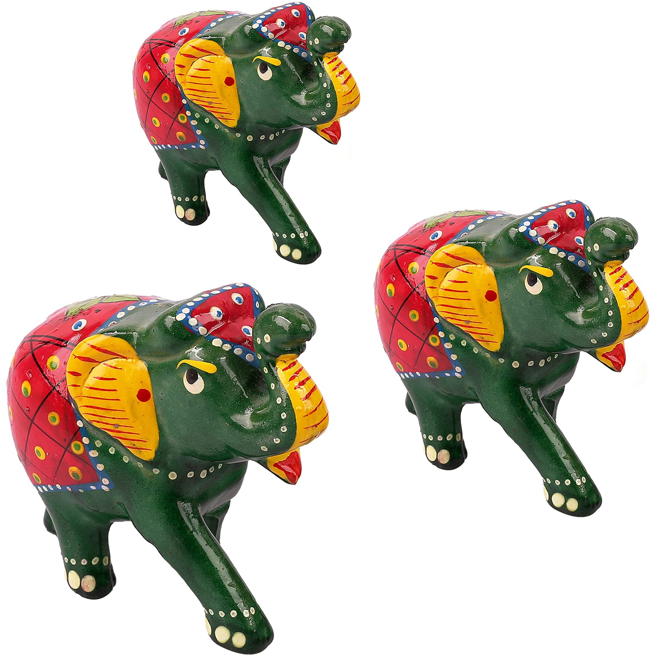 DreamKraft Paper Mache Elephant Showpiece, Standard, Green, 3 Piece, Home Decor