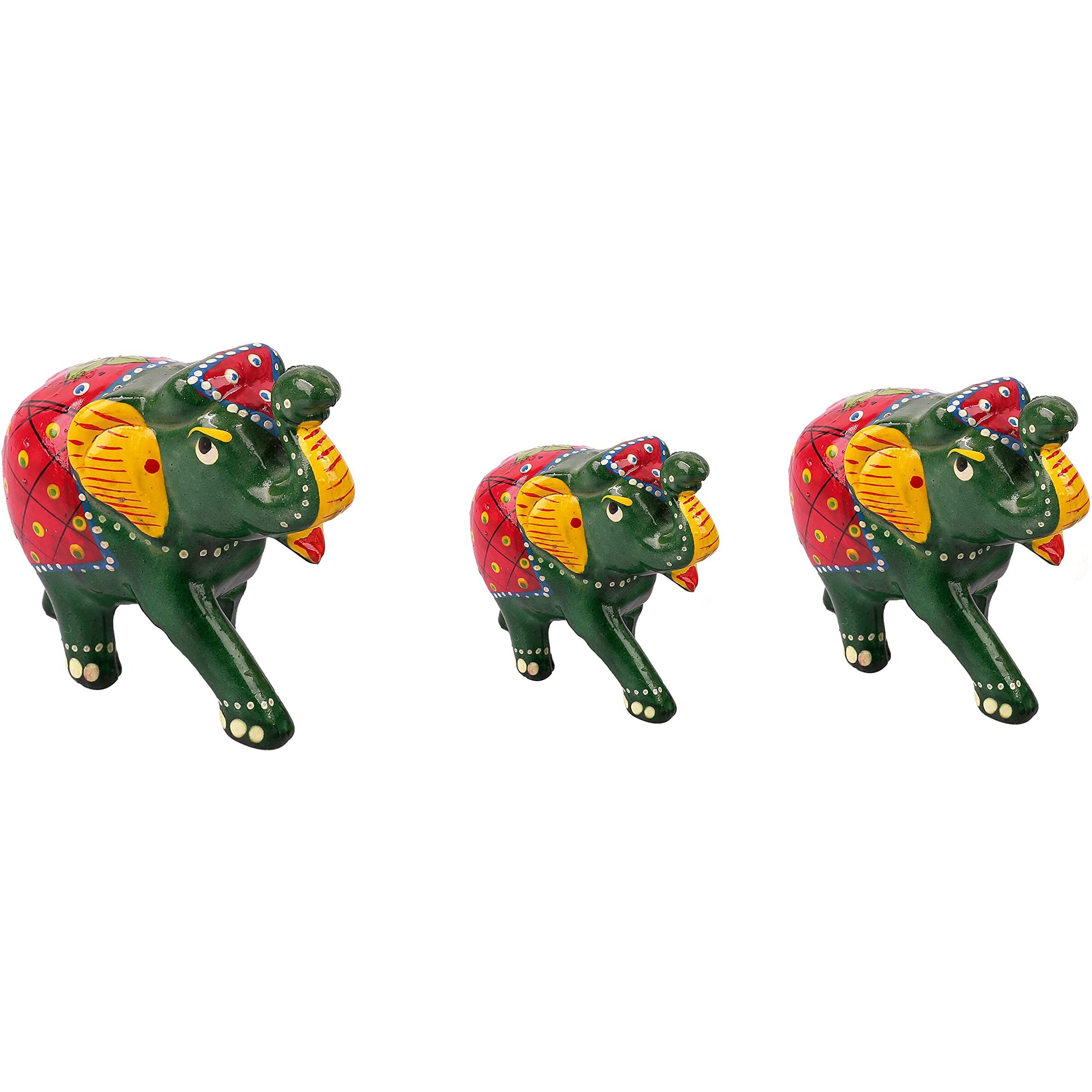 DreamKraft Paper Mache Elephant Showpiece, Standard, Green, 3 Piece, Home Decor