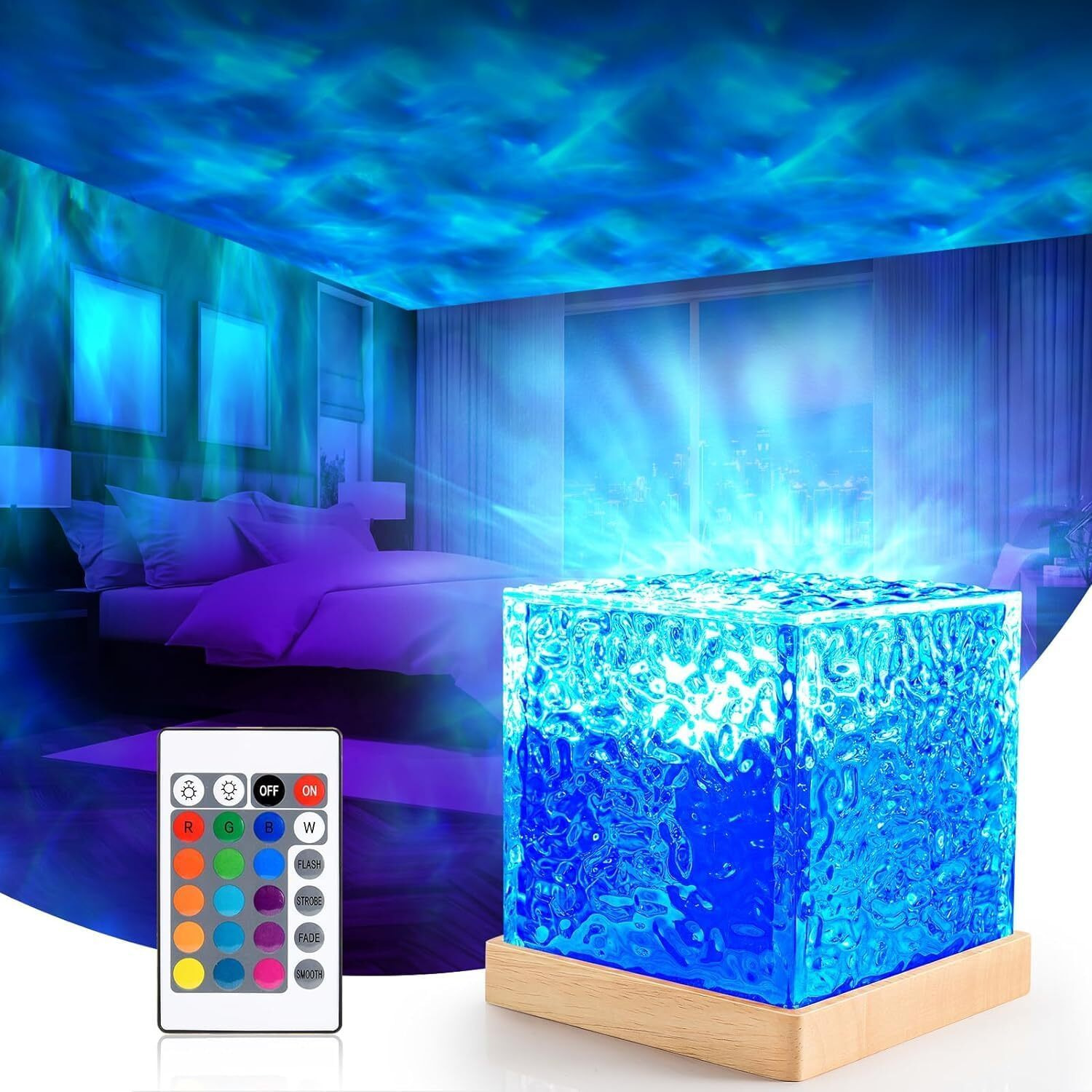 Desidiya Ocean Wave Water Lamp, Projector 3D Water Wave Effect Romantic LED Light Projector Projection Lamps Crystal Table Lamp for Bedroom Decor USB Powered (Pack of 1)