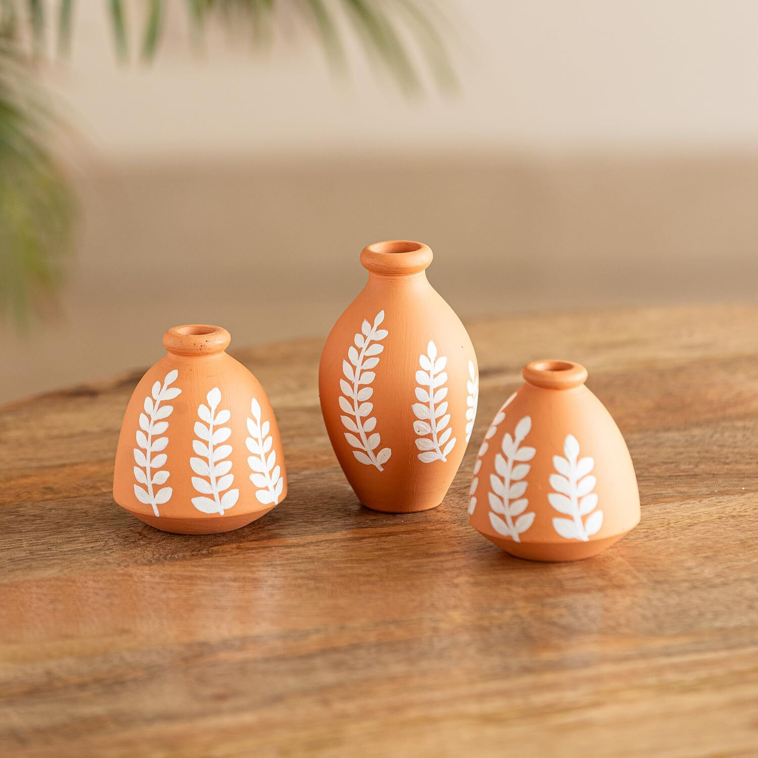 ExclusiveLane Ethnic Foliage Trio Hand-Painted Miniature Terracotta Decorative for Home Decor Small Terracotta Pots for Living Room Showpieces Gifts (Set of 3, Brown)