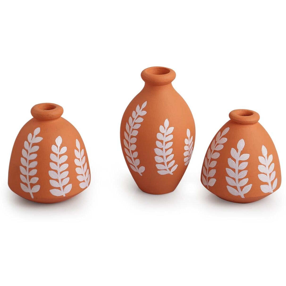 ExclusiveLane Ethnic Foliage Trio Hand-Painted Miniature Terracotta Decorative for Home Decor Small Terracotta Pots for Living Room Showpieces Gifts (Set of 3, Brown)