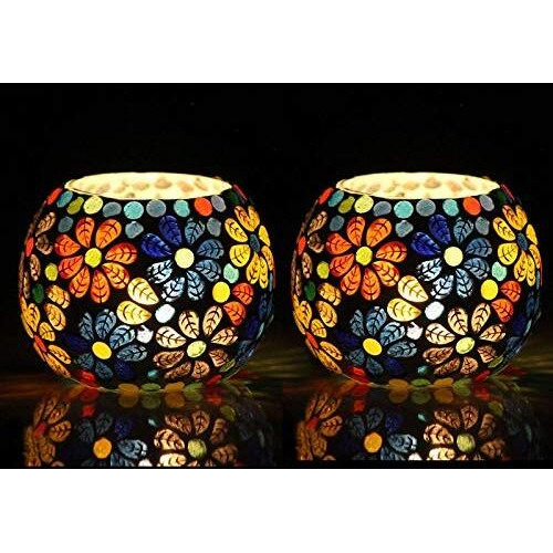 The Purple Tree Glass Mosaic Tealight Candle Holder for Diwali Decor, Christmas Decor, Diwali Decoration - Pack of 2