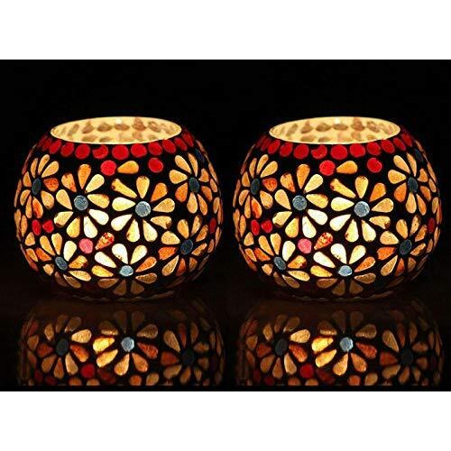 The Purple Tree Glass Mosaic Tealight Candle Holder for Diwali Decor, Christmas Decor - Pack of 2