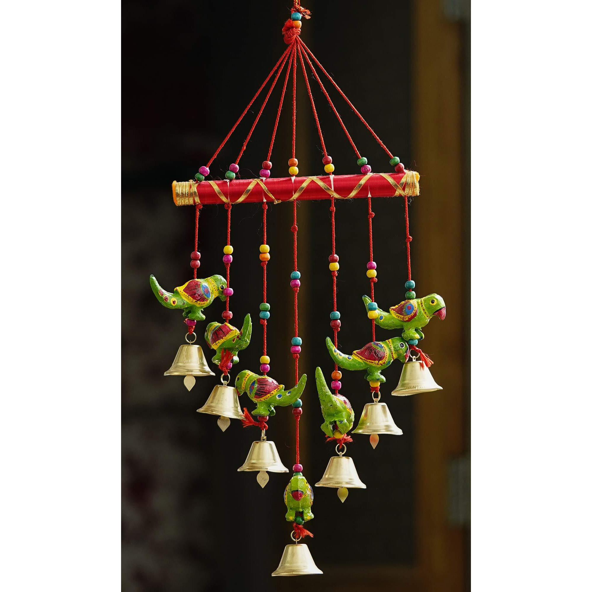 JaipurCrafts Handcrafted Rajasthani Bells Birds Parrot Design Wood Door Wall Hanging Decorative Showpiece for Home and Office Decor Diwali Gift Items - 45 cm (Wood) (Design 9)