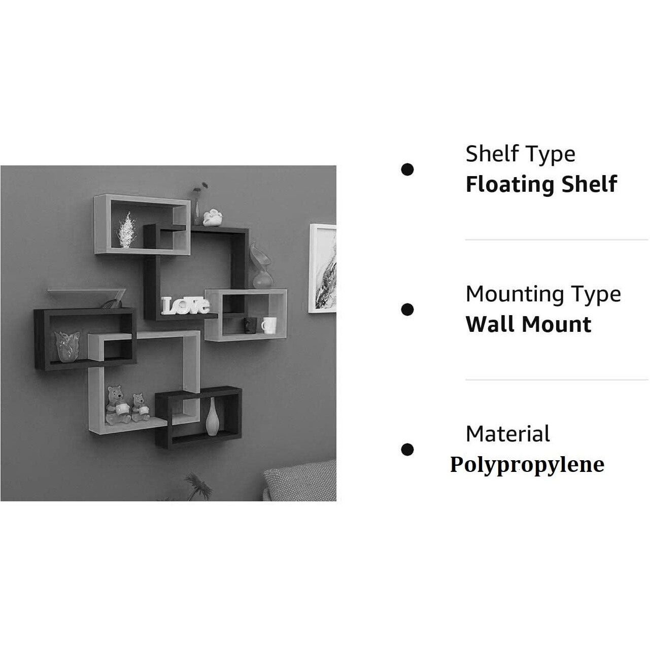 TechHark Wall Shelf, Home Decor, Living Room Decorative Self, Office Decore Shleves, (Rectangle Silver Black 6) Polypropylene