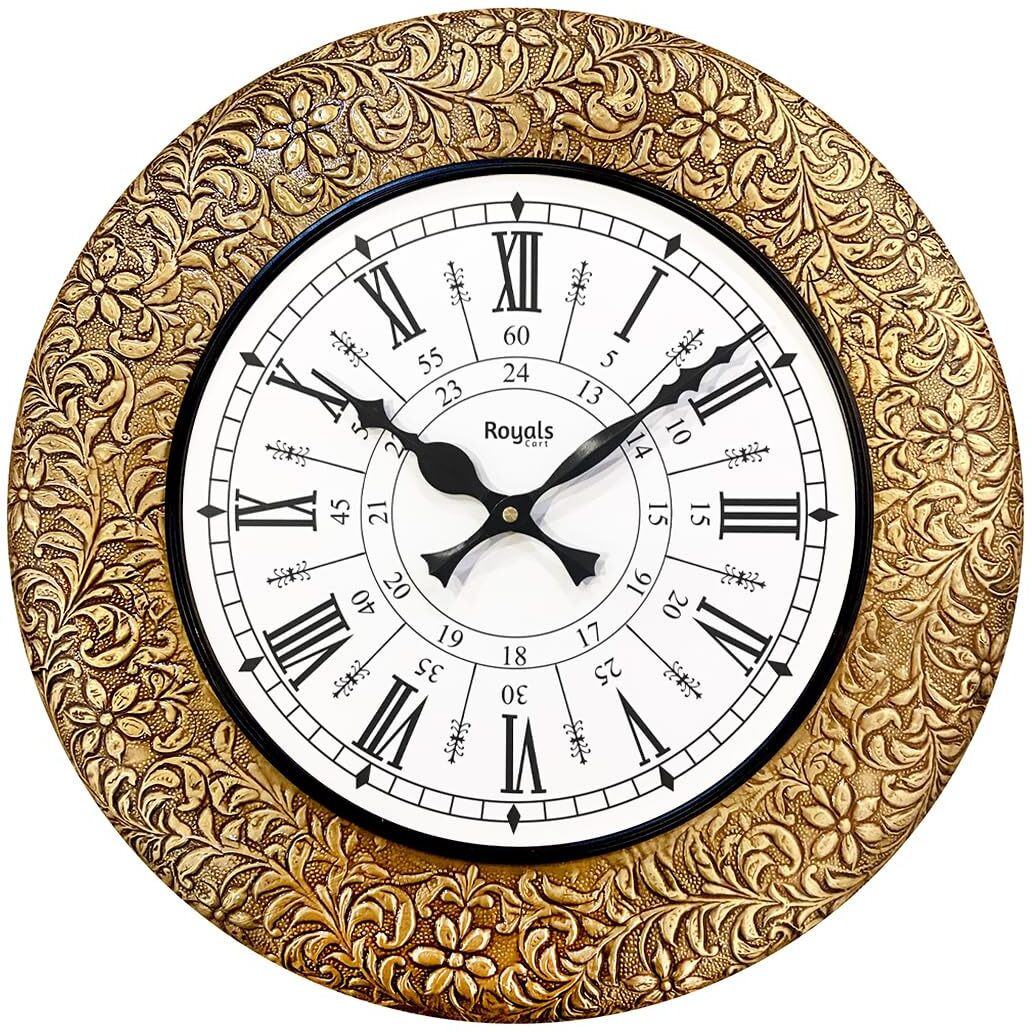 RoyalsCart Emboss Metal Analog Wall Clock for Elegant Home Decor, Office, School, Gym, Shop and Gifting || Clock Size - 16 x 16 inches || 24-Hours Clock [KTWC255D]