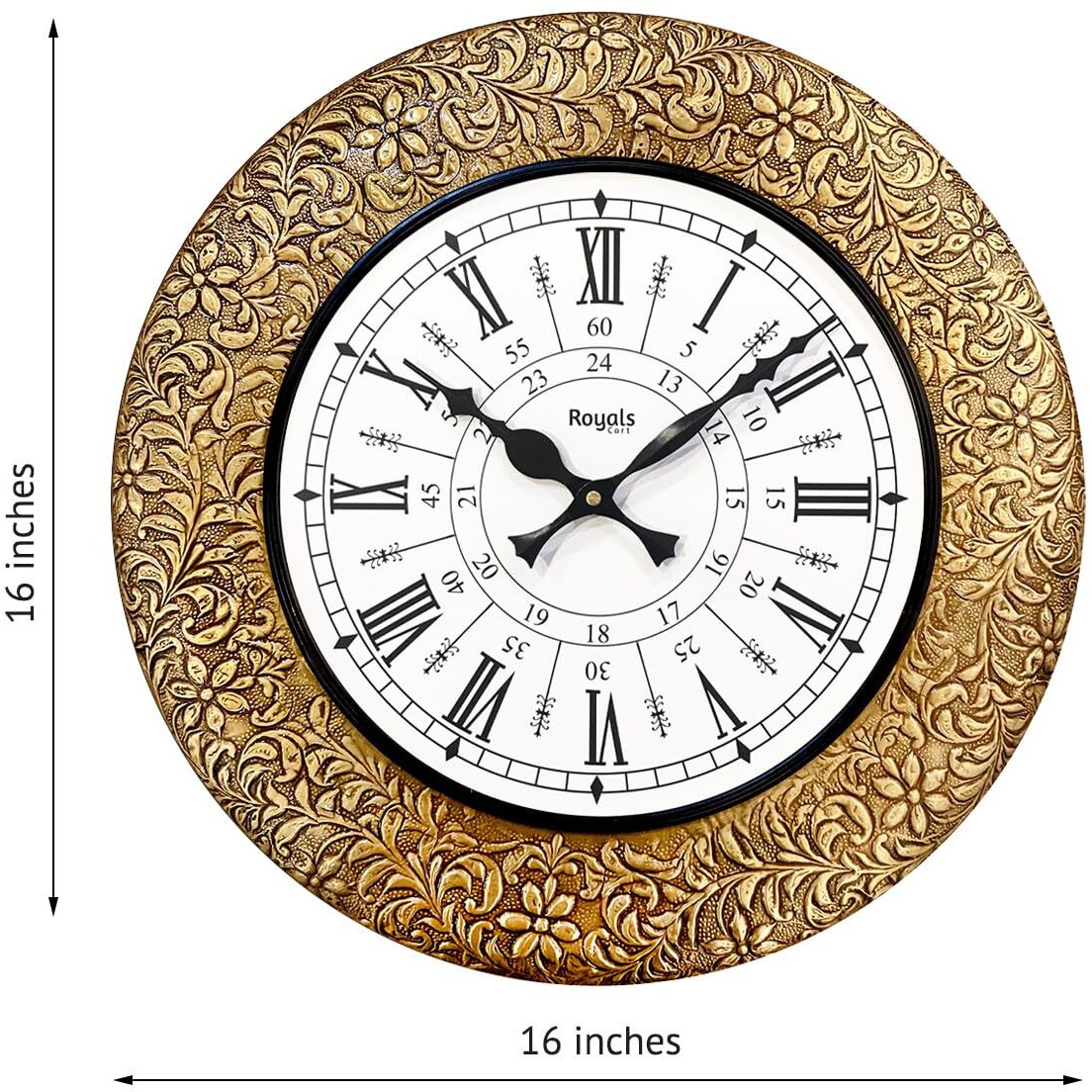 RoyalsCart Emboss Metal Analog Wall Clock for Elegant Home Decor, Office, School, Gym, Shop and Gifting || Clock Size - 16 x 16 inches || 24-Hours Clock [KTWC255D]