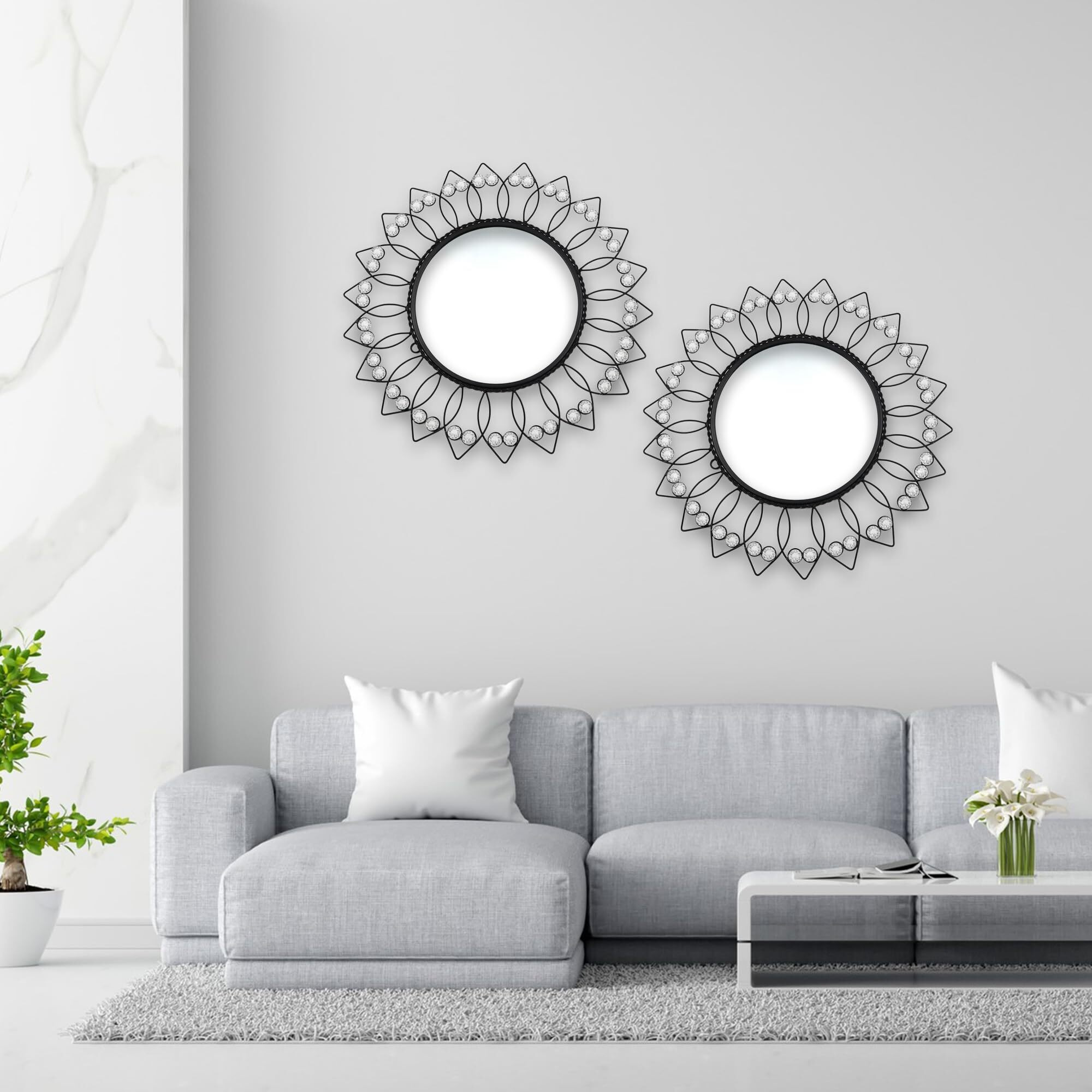 Hosley Decorative Modern Designer Round Wall Mirror| Metal Beaded Frame Wall Hanging Mirror| Iron Wall Mounted Mirror Perfect for home, Bathroom, Bedroom, Hall, Wall Decor (Black, Set of 2, framed)