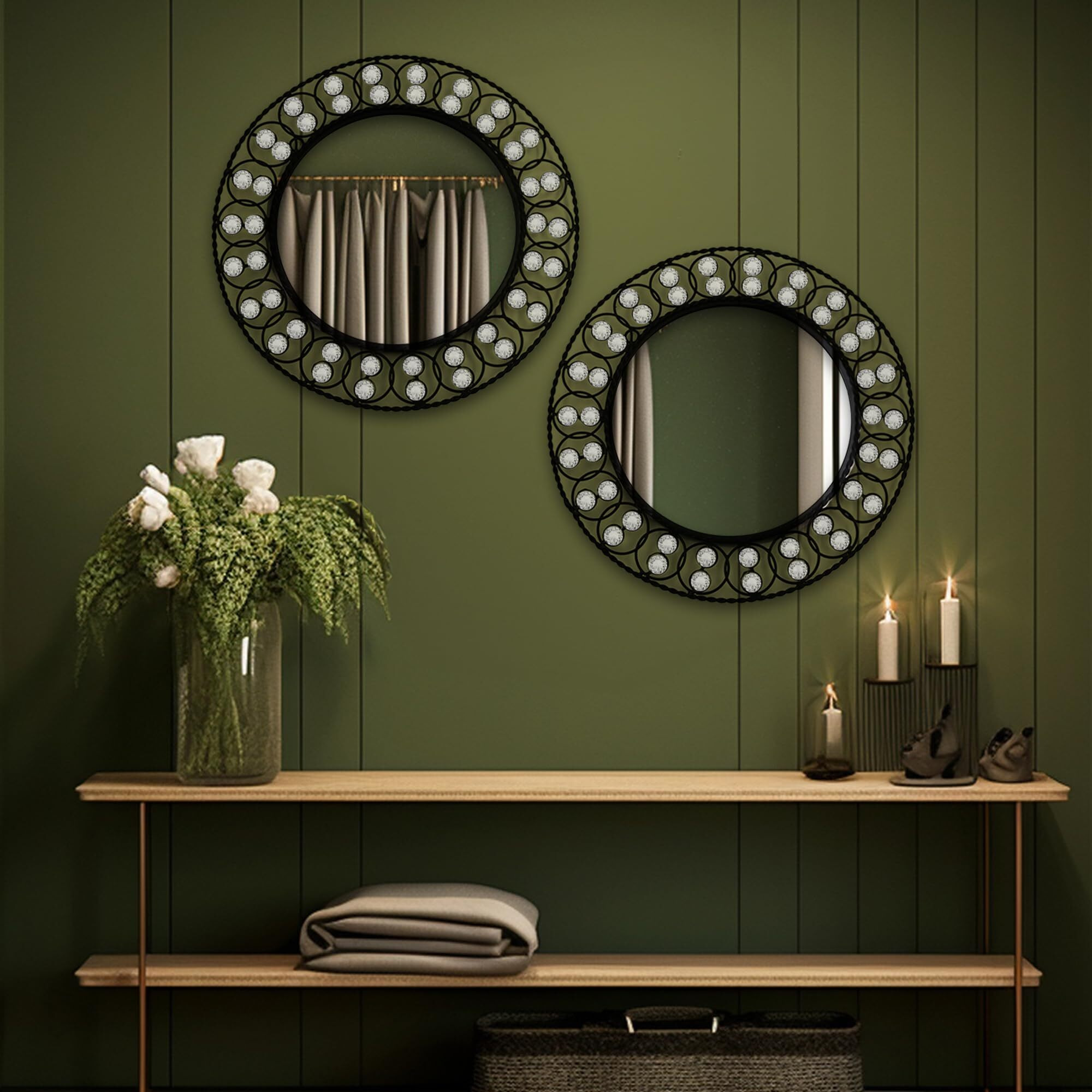 HOSLEY Decorative Modern Designer Round Wall Mirror| Metal Frame Beaded Wall Hanging Mirror| Iron Wall Mounted Mirror Perfect for Living Room, Bathroom, Bedroom, Hall, Wall Decor (Black, Set of 2)