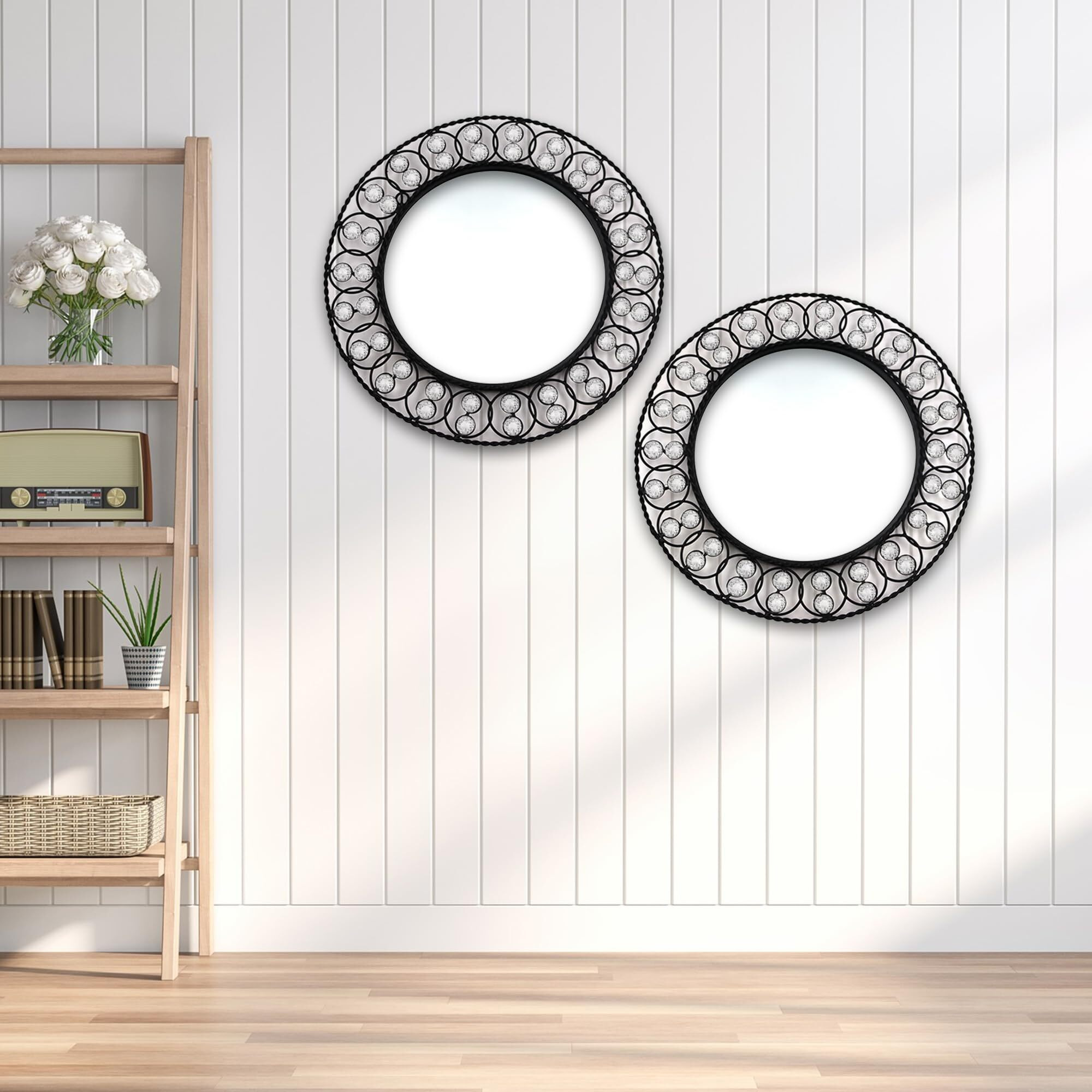 HOSLEY Decorative Modern Designer Round Wall Mirror| Metal Frame Beaded Wall Hanging Mirror| Iron Wall Mounted Mirror Perfect for Living Room, Bathroom, Bedroom, Hall, Wall Decor (Black, Set of 2)