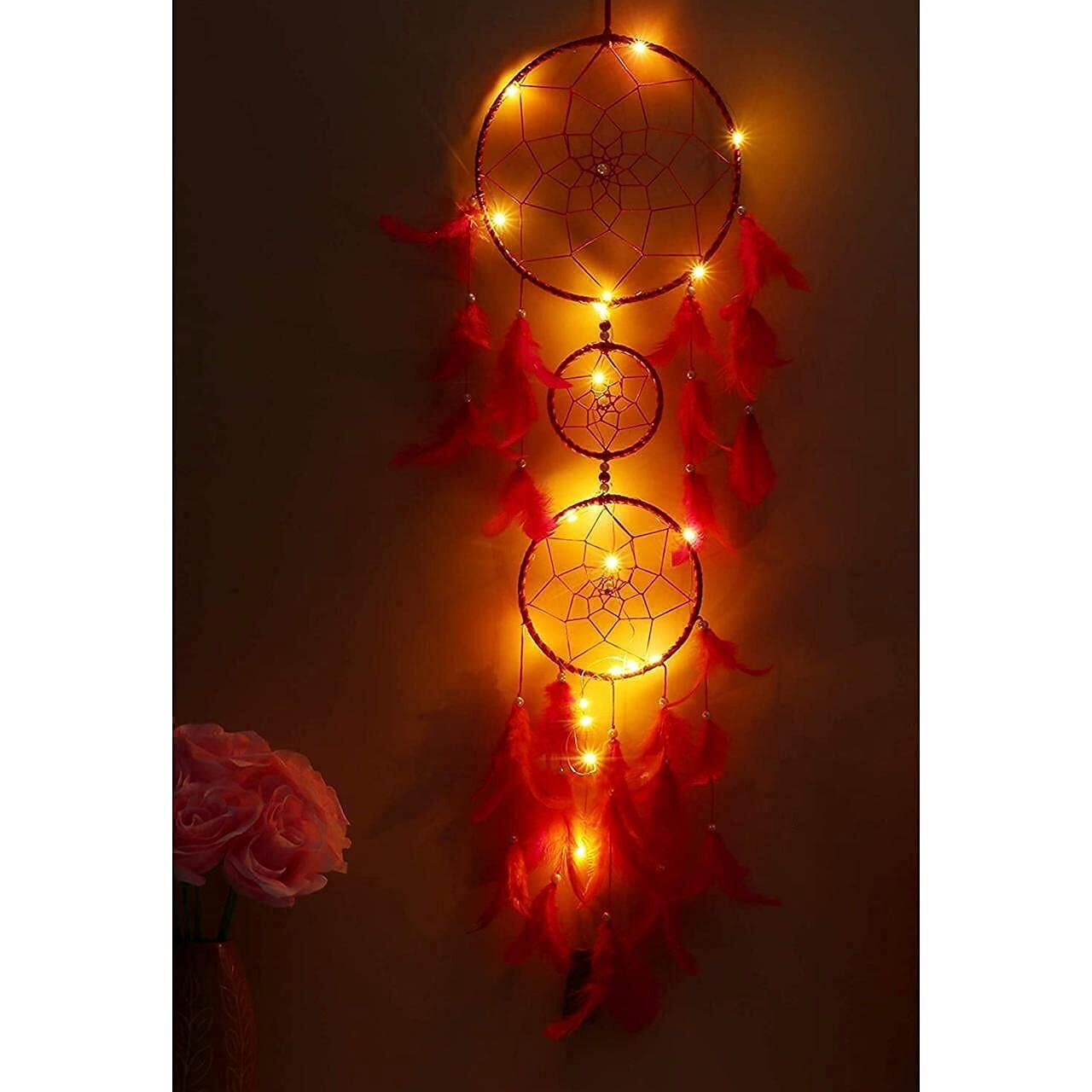 ILU Dream Catcher with Lights, Wall Hangings, Crafts, Home Decor, Bedroom - Orange & Pink Feathers (17 cm Diameter)