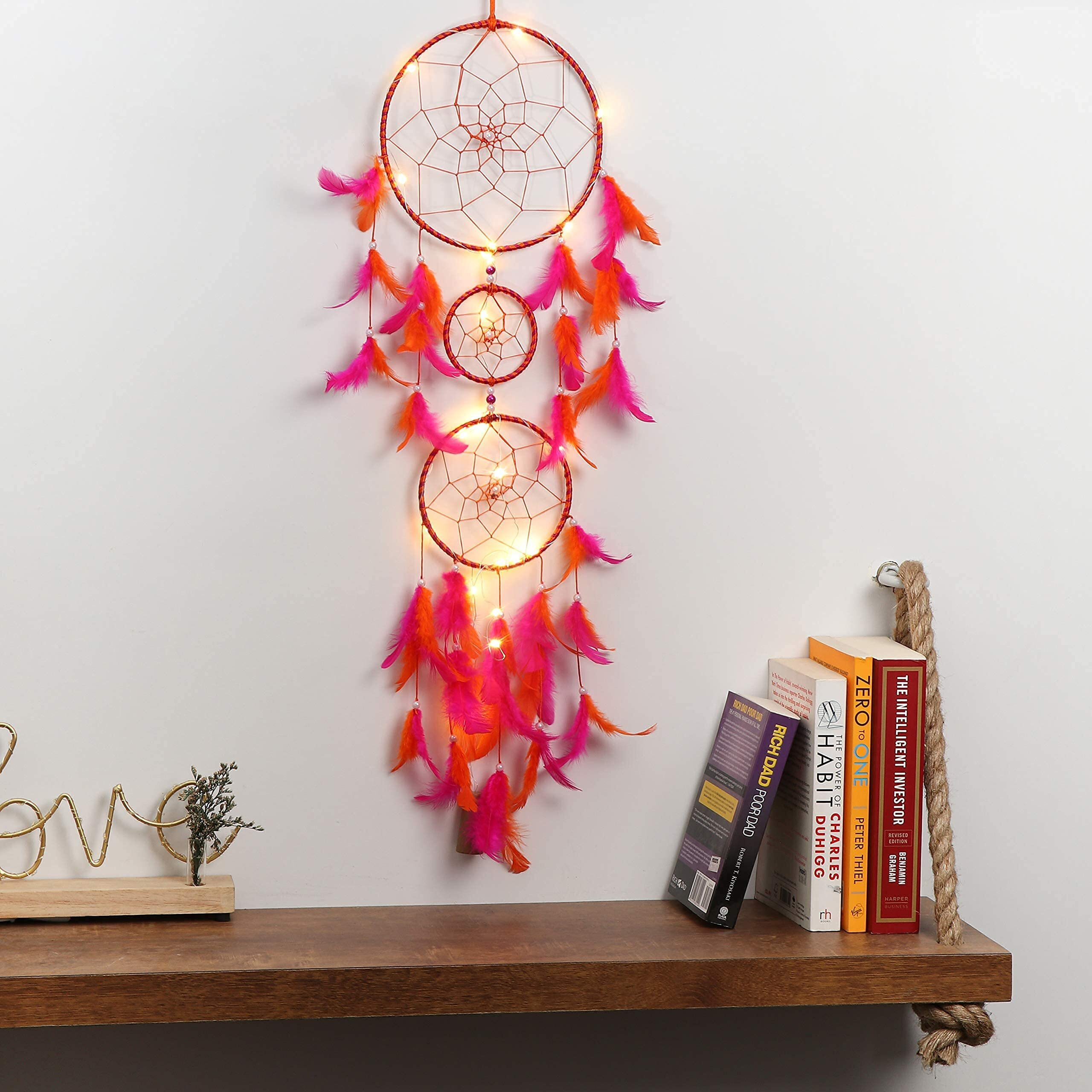 ILU Dream Catcher with Lights, Wall Hangings, Crafts, Home Decor, Bedroom - Orange & Pink Feathers (17 cm Diameter)