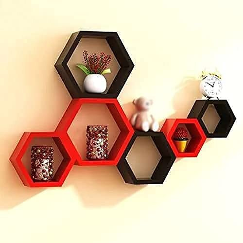 TechHark Wall Shelf, Home Decor, Living Room Decorative Self, Office Decore Shleves, (3 Red 3 Black Hexa) Polypropylene