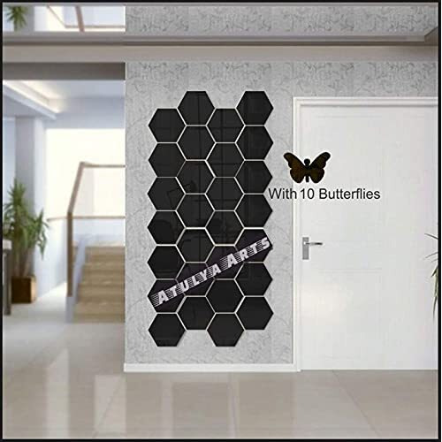 Atulya Arts 3D Acrylic Stickers Mirror Black Hexagon Wall Sticker with 10 Butterfly Decorative Sticker - (Pack of 28) (10.5 cm x 12.1 cm) for Home Living Room Bedroom Office Decor