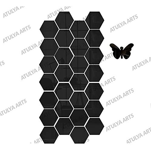 Atulya Arts 3D Acrylic Stickers Mirror Black Hexagon Wall Sticker with 10 Butterfly Decorative Sticker - (Pack of 28) (10.5 cm x 12.1 cm) for Home Living Room Bedroom Office Decor