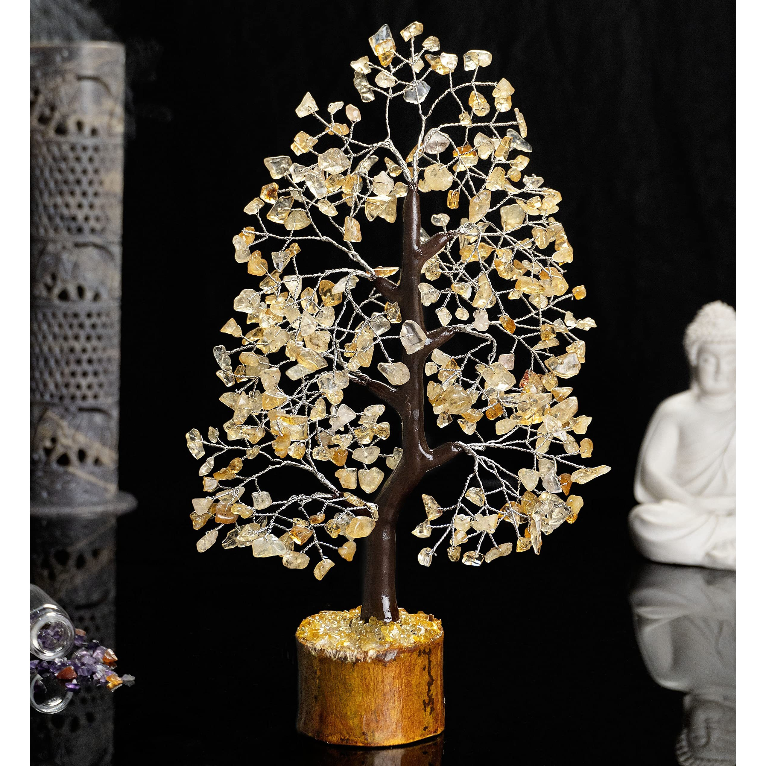 Crocon Citrine Gemstone Money Tree Feng Shui Bonsai for Reiki Healing Chakra Stone Balancing Energy Generator Spiritual Meditation Home Interior Office Decor Size 10-12 Inch