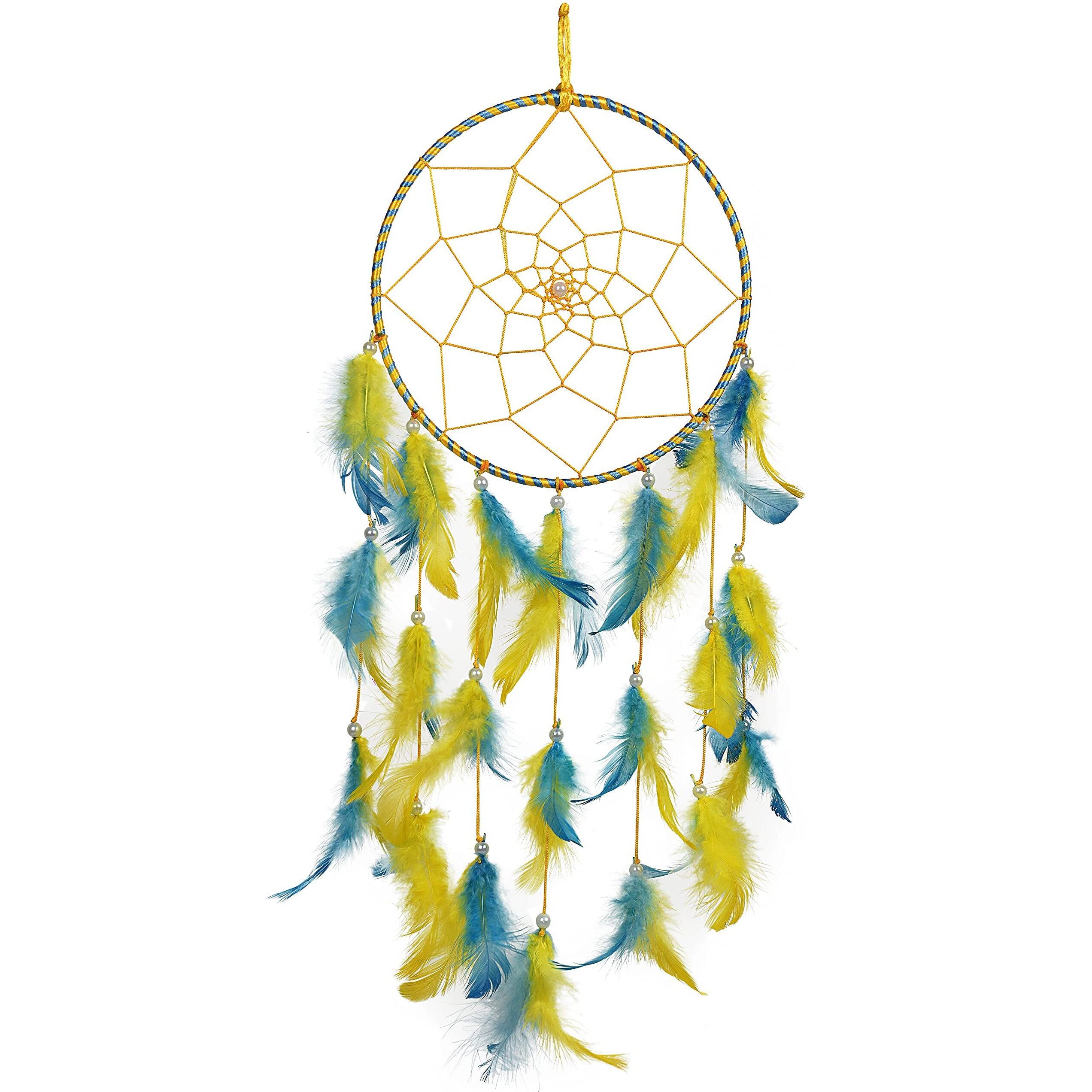 ILU Dream Catchers, Wall Hangings, Home Decor, Handmade Dreamcatcher for Bedroom, Balcony, Garden, Party, Cafe, Small Ring Beaded Yellow & Blue Feathers, 17cm Diameter, Length 51cm