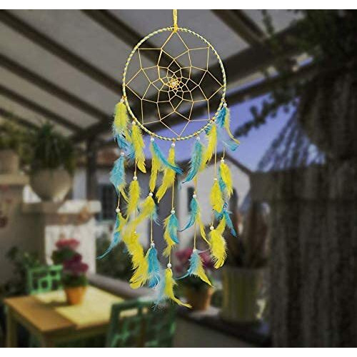 ILU Dream Catchers, Wall Hangings, Home Decor, Handmade Dreamcatcher for Bedroom, Balcony, Garden, Party, Cafe, Small Ring Beaded Yellow & Blue Feathers, 17cm Diameter, Length 51cm