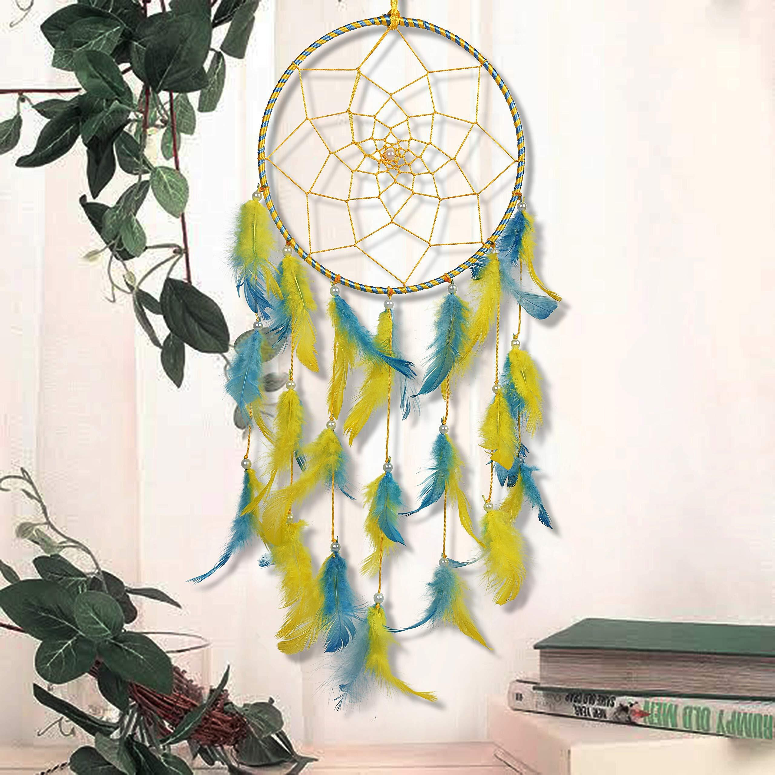 ILU Dream Catchers, Wall Hangings, Home Decor, Handmade Dreamcatcher for Bedroom, Balcony, Garden, Party, Cafe, Small Ring Beaded Yellow & Blue Feathers, 17cm Diameter, Length 51cm