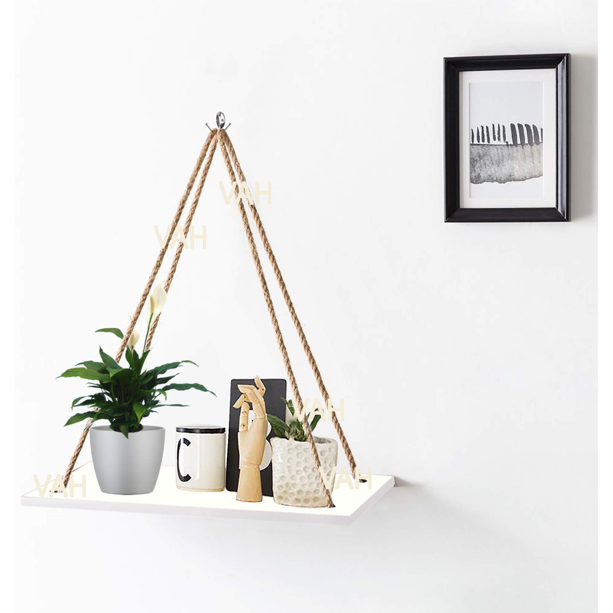 VAH- Kya Bat Hai  Wooden Polished Finish Hanging Shelf with Swing Rope for Home Decor (White)