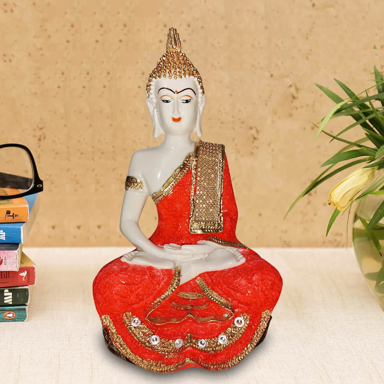 Sacred Blessings Polyresin Orange Sitting Buddha Statue Showpiece Idol for Home Decor (16 x 13 x 27) cm, One Piece