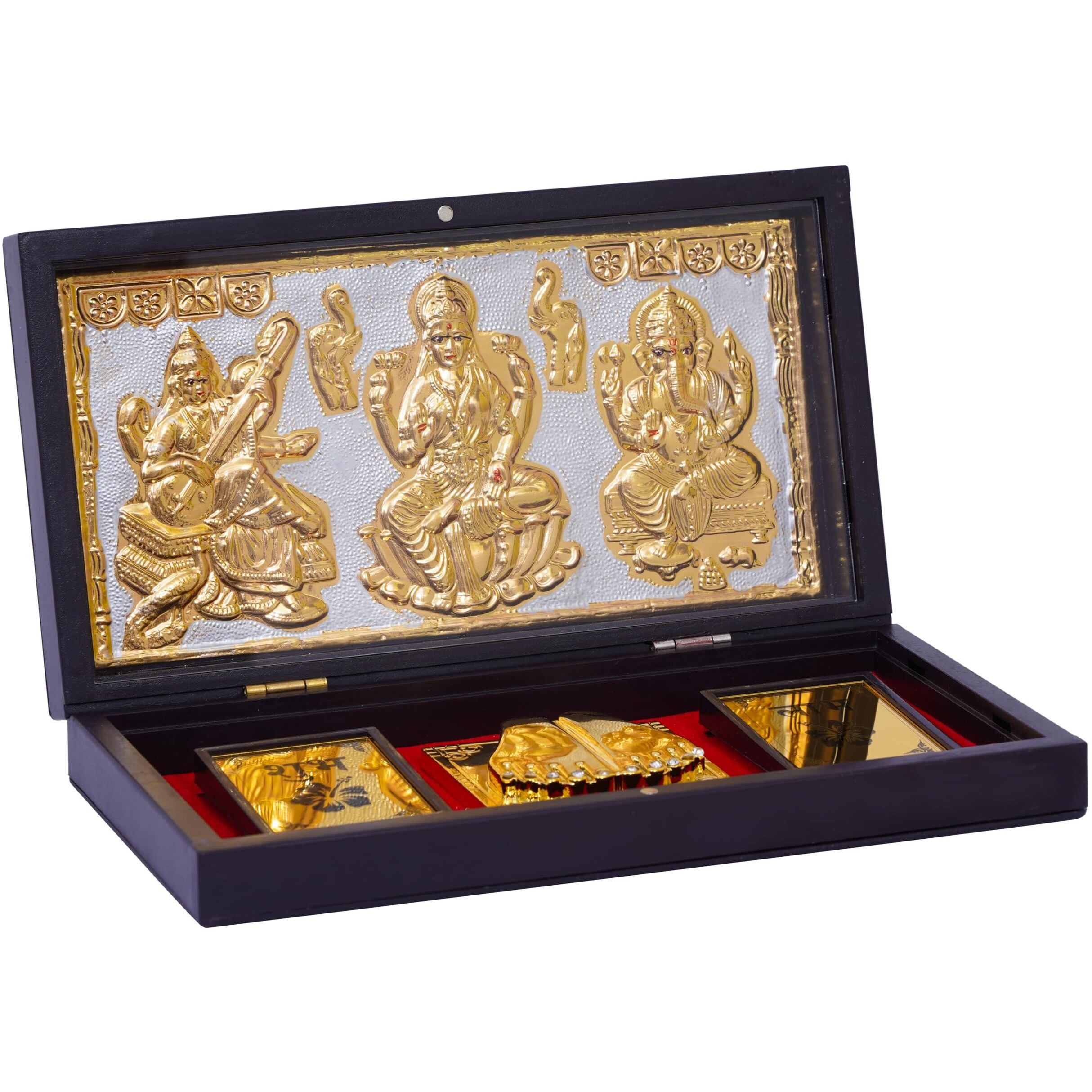 NAITIK CREATION Saraswati Laxmi Ganpati Gold Plated Photo Frame with Charan Paduka Tabletop Pocket Temple Gift Box for Diwali House Warming Return Gift Corporate Gifts