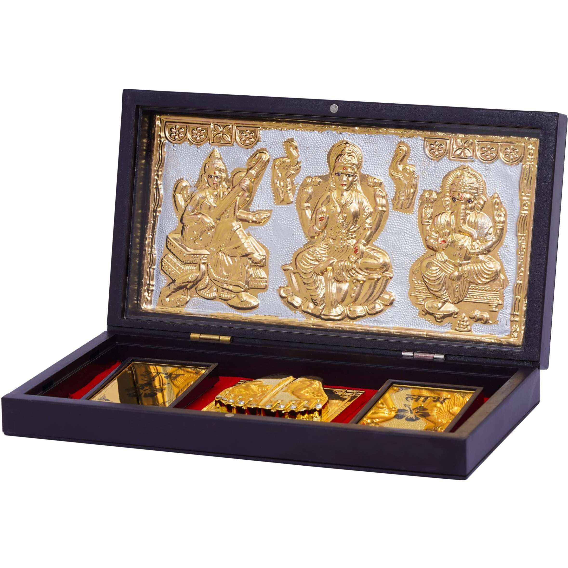 NAITIK CREATION Saraswati Laxmi Ganpati Gold Plated Photo Frame with Charan Paduka Tabletop Pocket Temple Gift Box for Diwali House Warming Return Gift Corporate Gifts