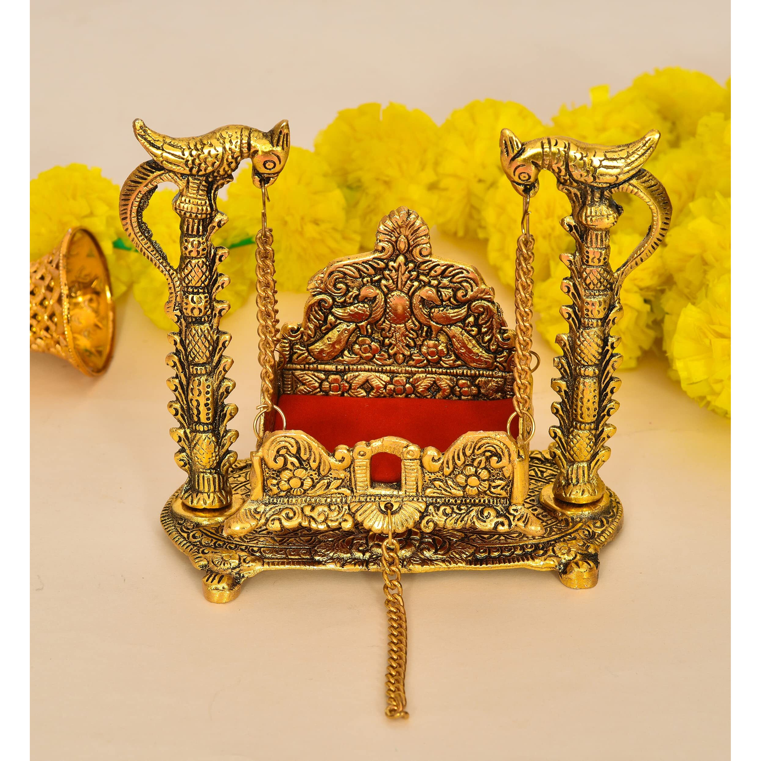 Nirmal Handicraft Gold Metal Handicraft Pooja Jhula | Swing| Palana | Nand Gopal Palana | Hindola for Ladoo Gopal, Laxmi ji and Ganesh Ji