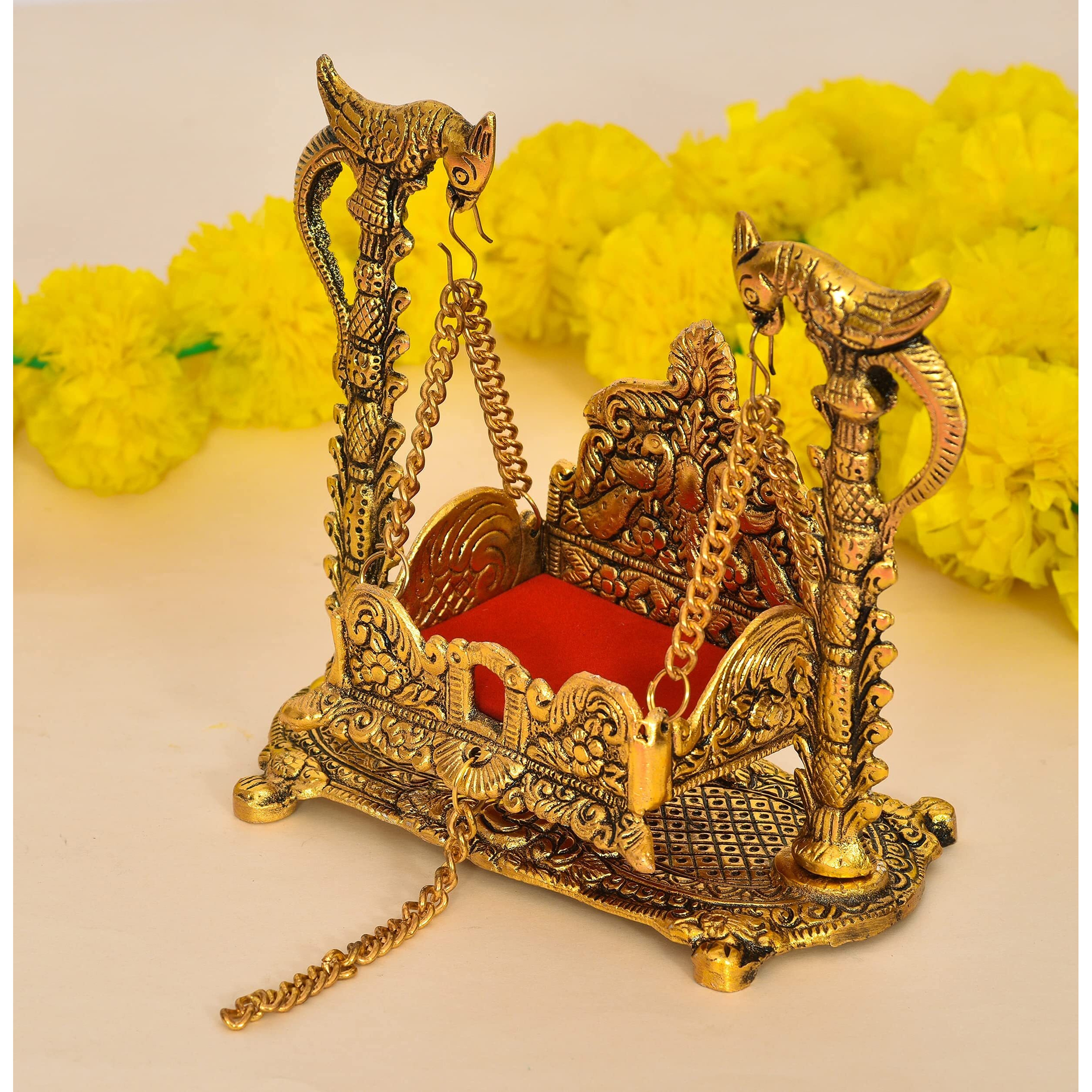 Nirmal Handicraft Gold Metal Handicraft Pooja Jhula | Swing| Palana | Nand Gopal Palana | Hindola for Ladoo Gopal, Laxmi ji and Ganesh Ji