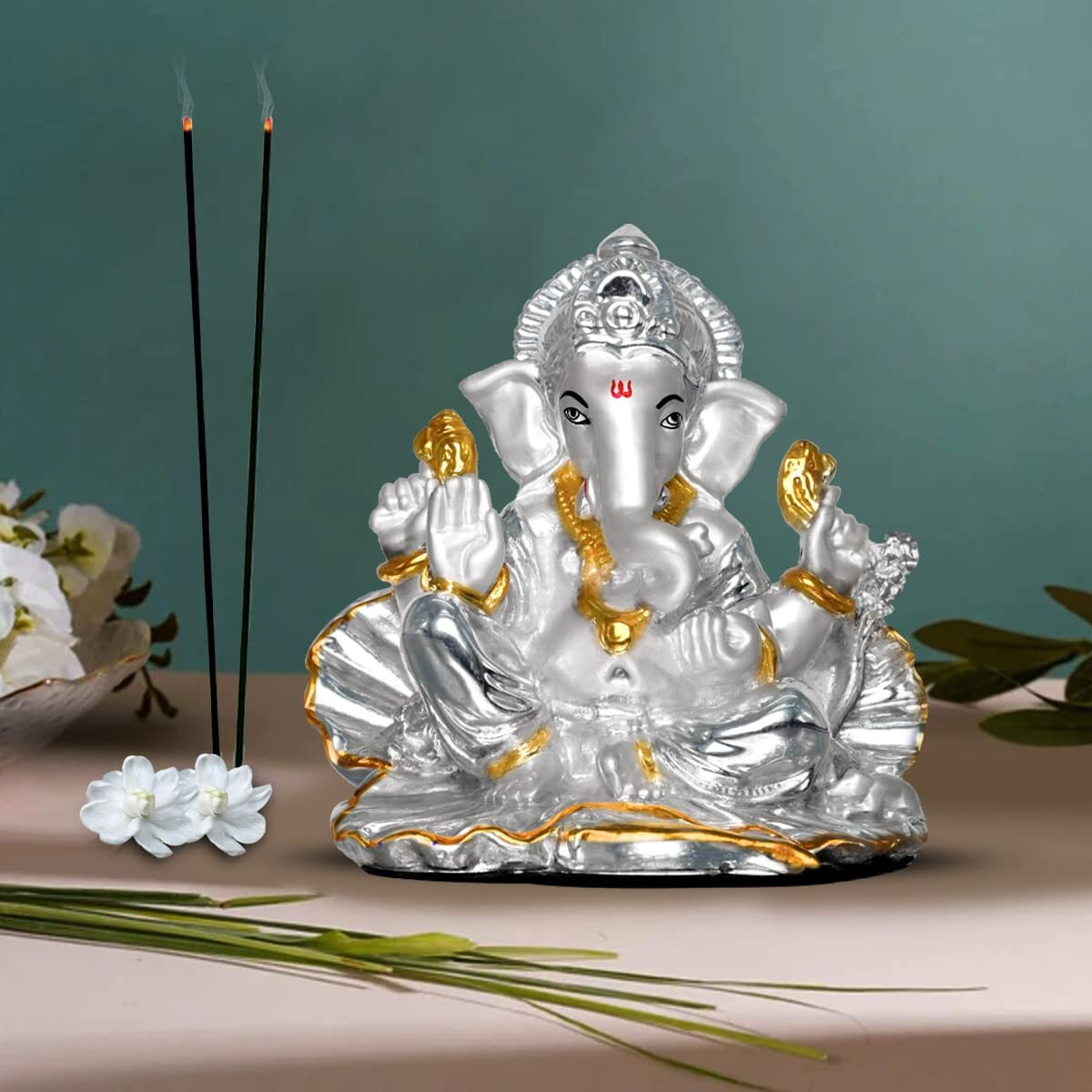 DIVINITI 999 Silver Plated Lord Ganesha Idol for Home Decor|Ganpati Statue for Tabletop, Office Desk, Temple|Religious Sculpture for Pooja, Worship, Gift (5.3 X 10 CM)