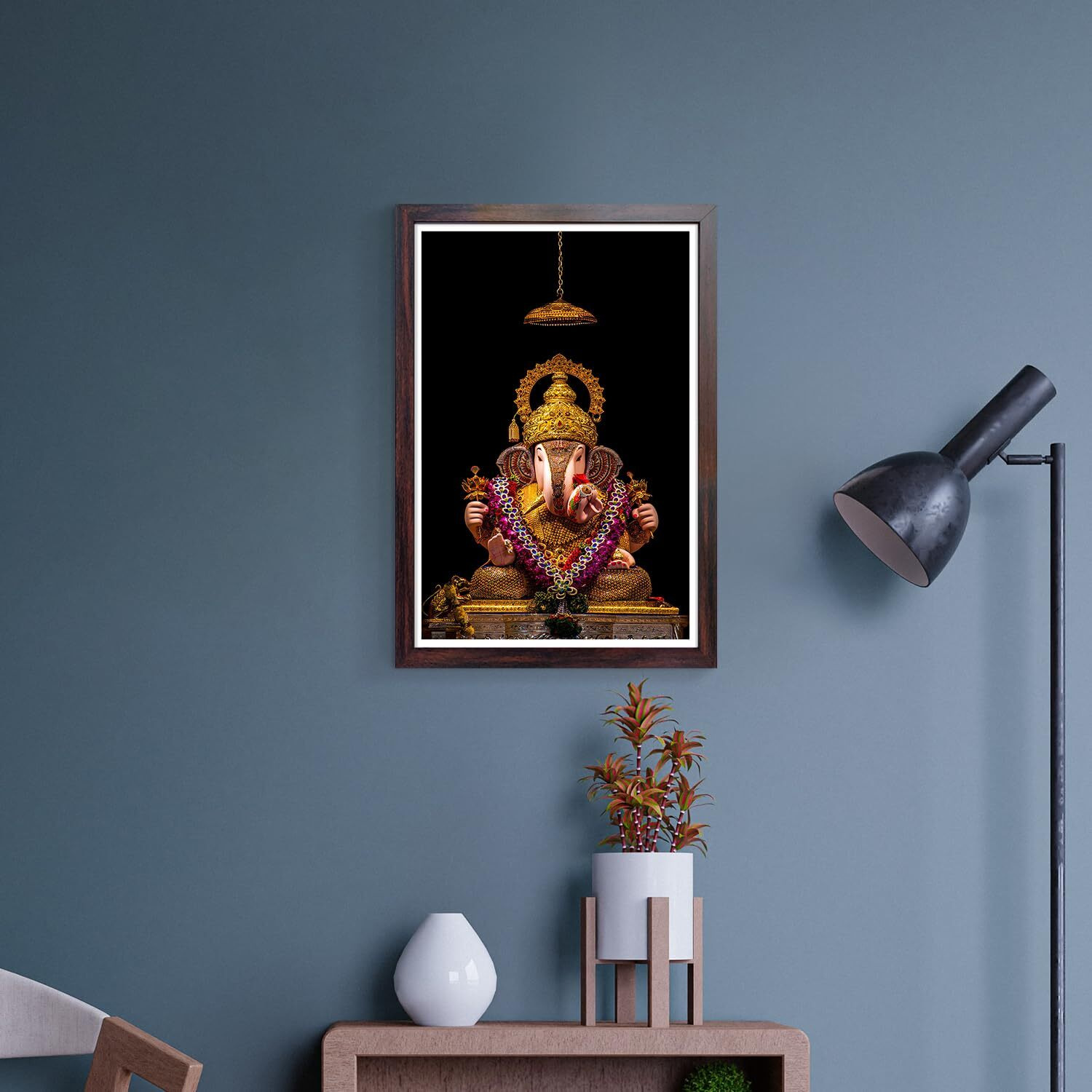 WhatsYourPrint Shreemant Dagdusheth Halwai Ganpati Mandir Religious Wood Photo Frames with Acrylic Sheet (Glass) for Worship/Pooja (Size 13X19 inches, Brown Color Frame)